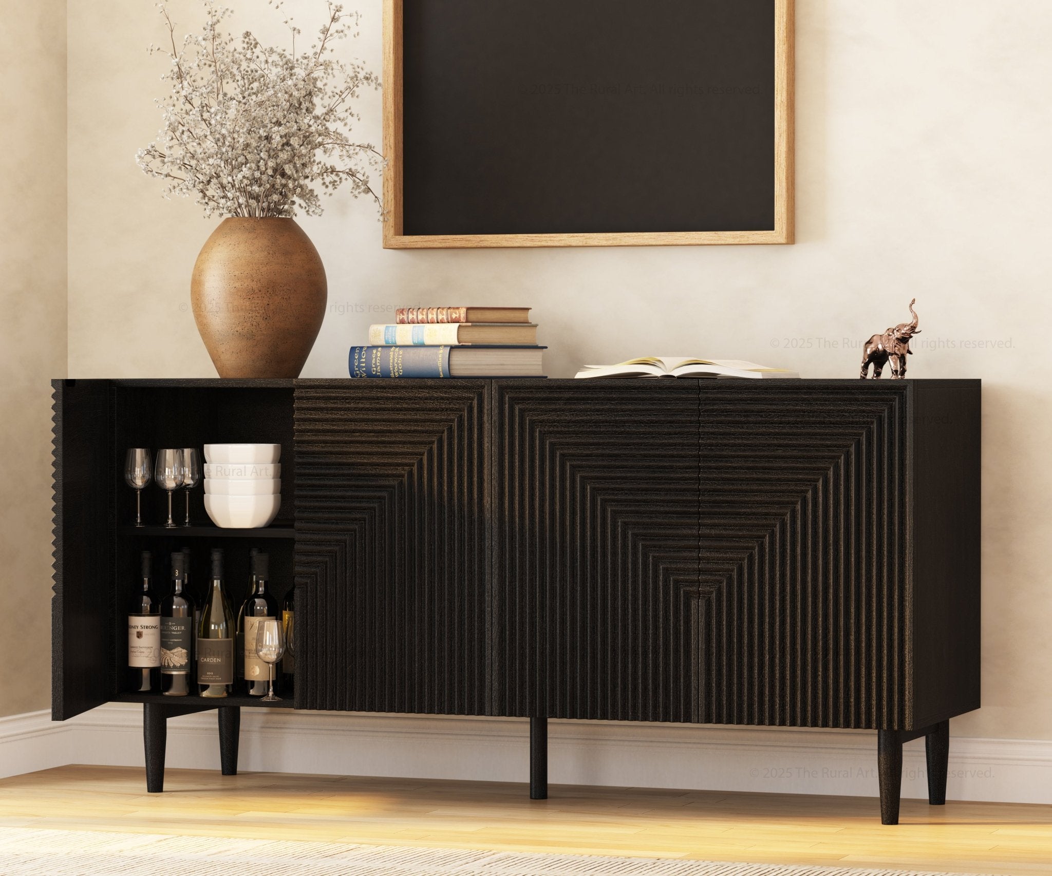 Black Solid Wood Fluted Sideboard Buffet