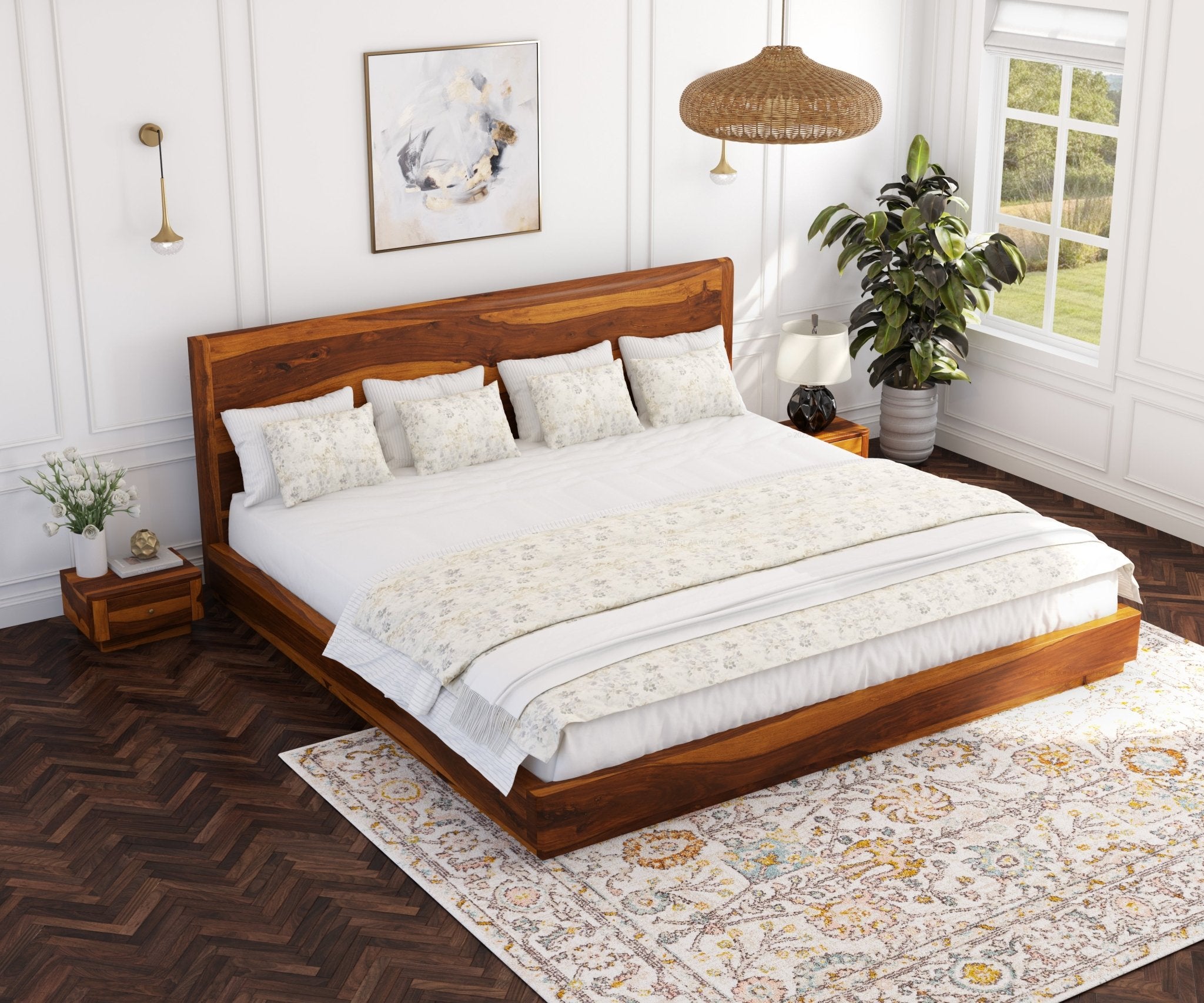 Auburn Solid Wood Pedestal Bed With Curved Edge Headboard