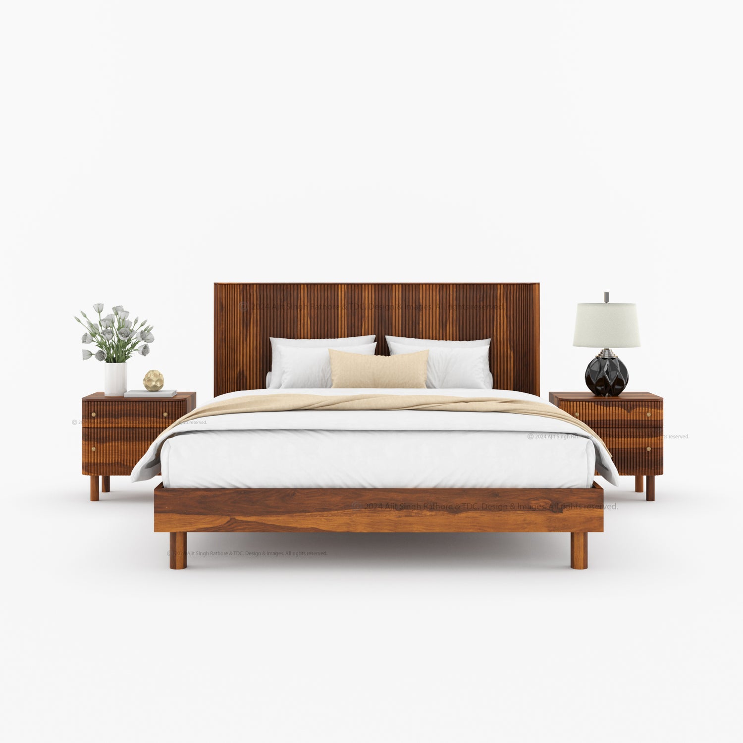 Richmond Platform Bed Frame with Fluted Headboard Made In Solid Indian Rosewood