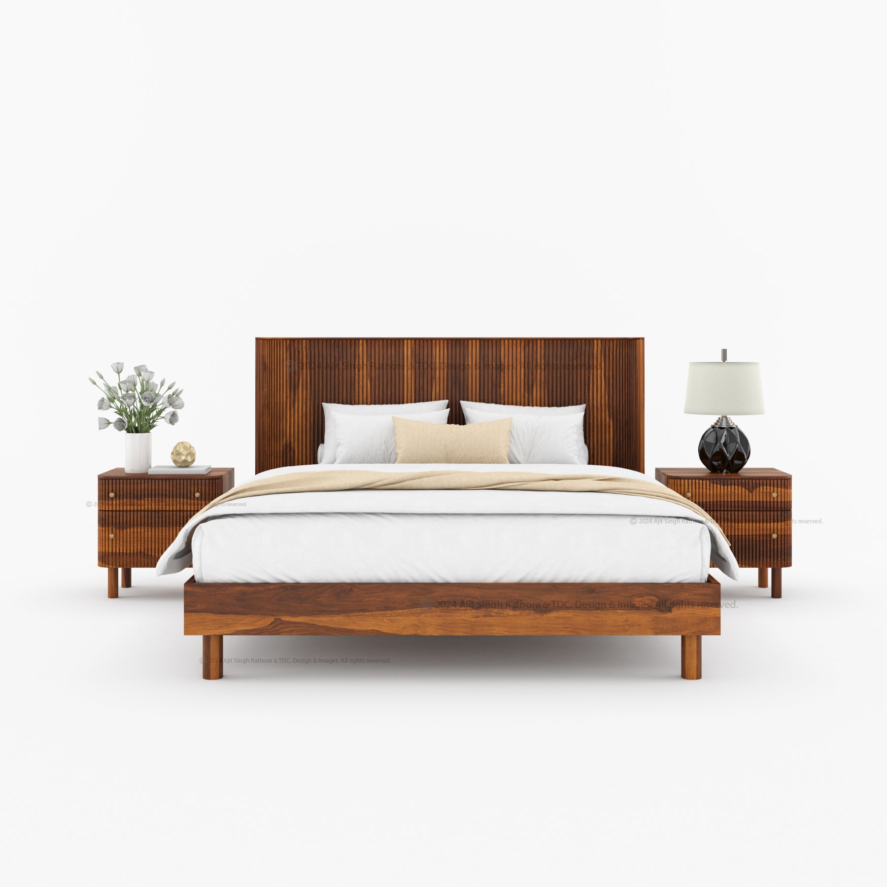 Richmond Platform Bed Frame with Fluted Headboard Made In Solid Indian Rosewood