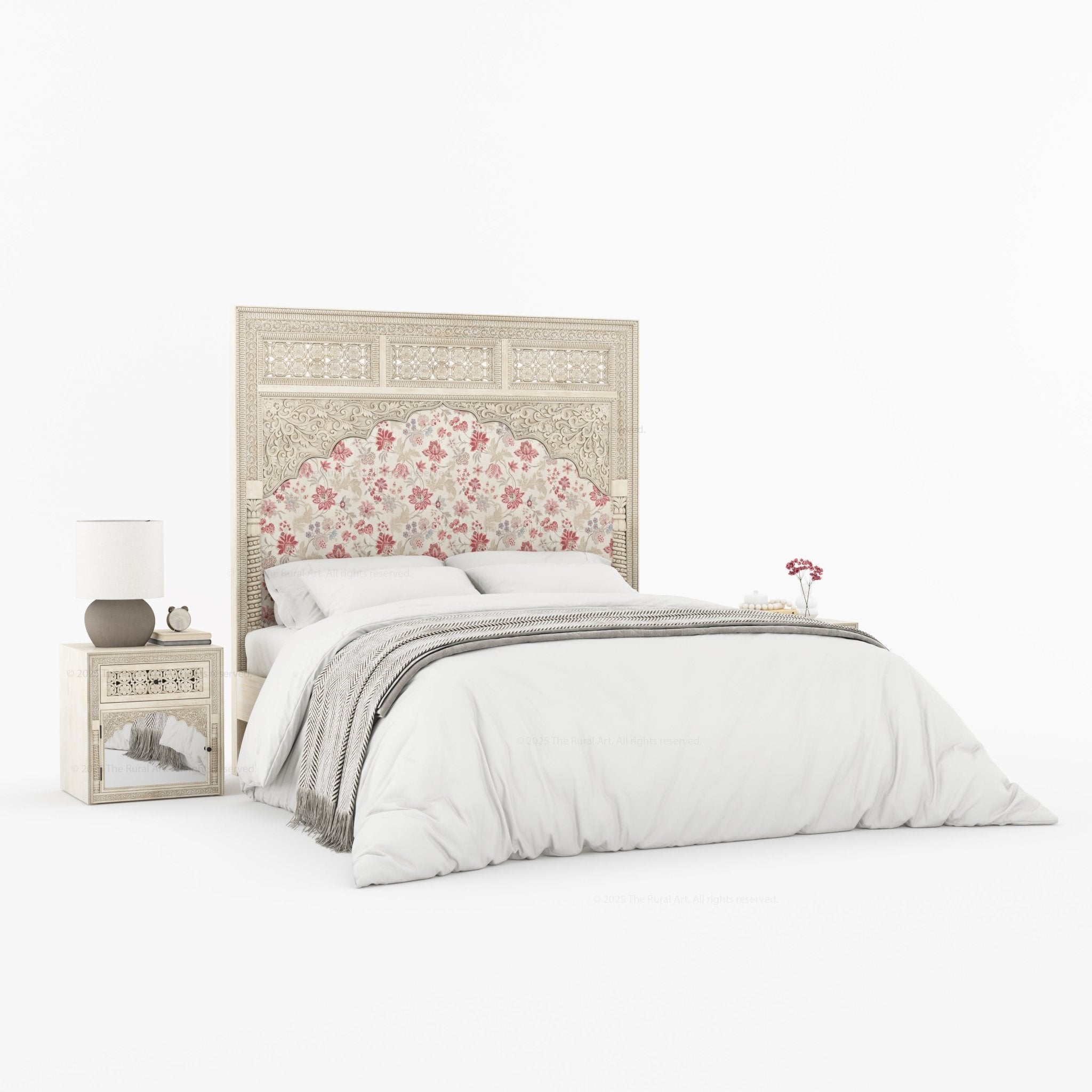 Dakota Antique White Solid Wood Bed Hand-Carved with Vintage Floral Fabric Headboard