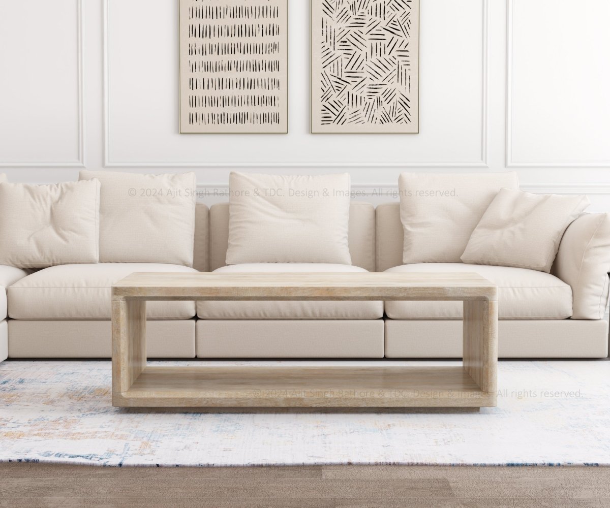 Eufaula Mango Wood Two-Tier Coffee Table in Whitewash Distressed Finish