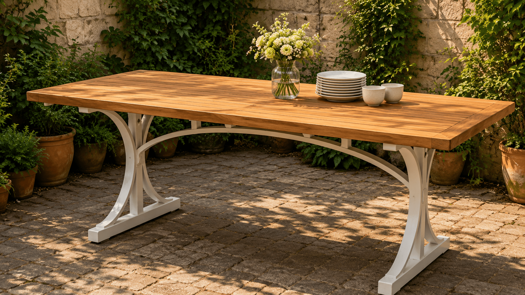 Troy Dual-Tone Solid Teak Wood Dining Table with Slatted Top & Sculptural Arched Trestle Base