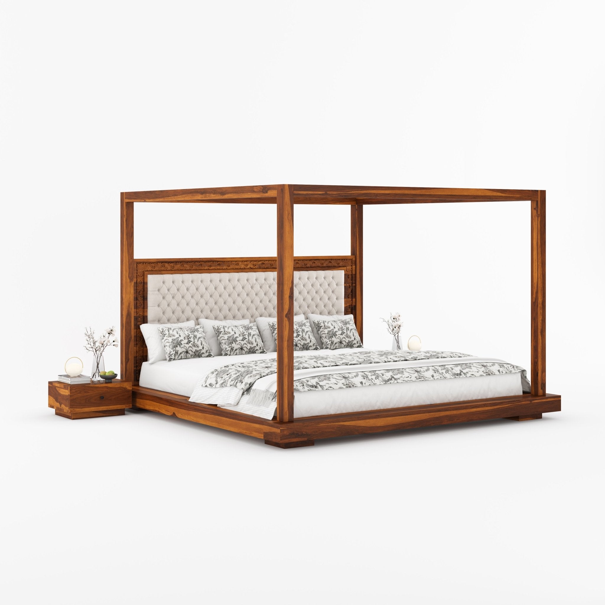 Sheffield Solid Wood Canopy Bed with Upholstered Tufted Headboard & Hand-Carved Frame