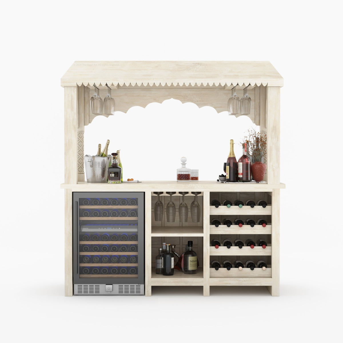 Monterey Hand-Carved Canopy Wine Bar Counter with Wine Fridge Space & Bottle Storage