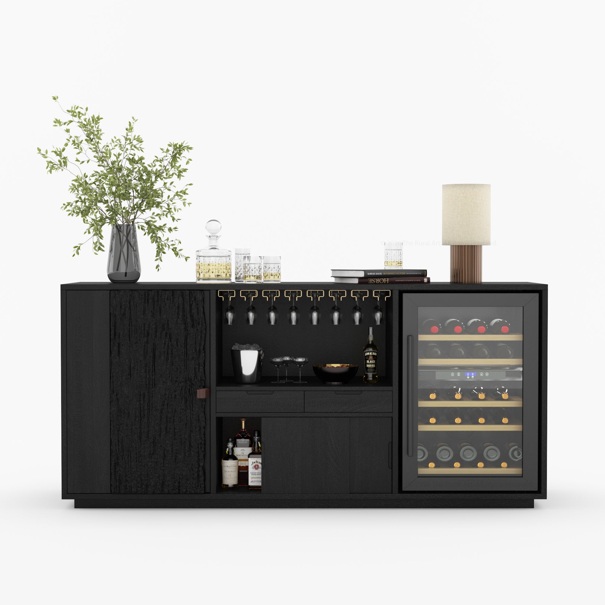 Myers Modern Black Bar Cabinet with Mini Fridge Space & Leather Strap Door