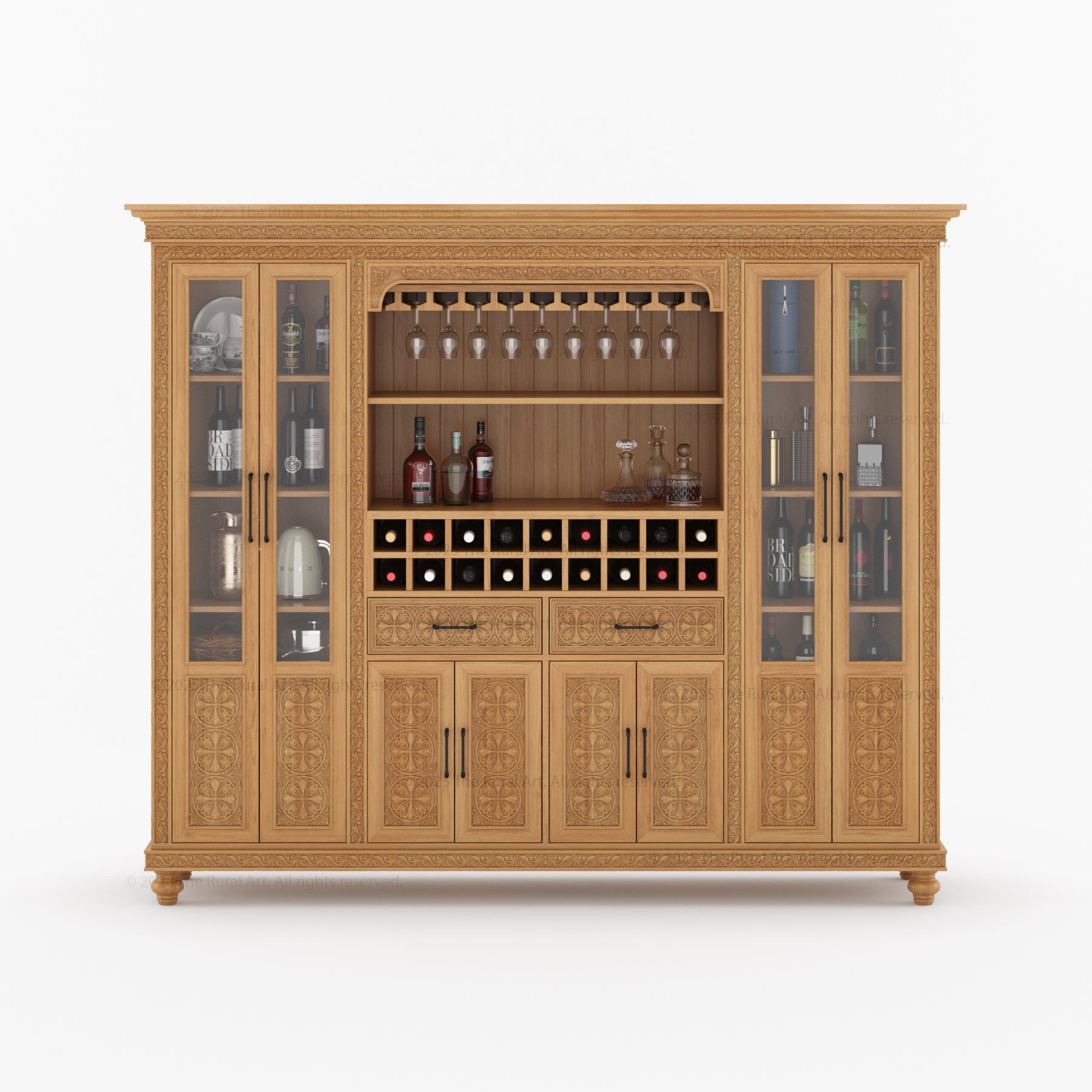 Marin Solid Wood Wine Bar Cabinet Hutch Hand Carved