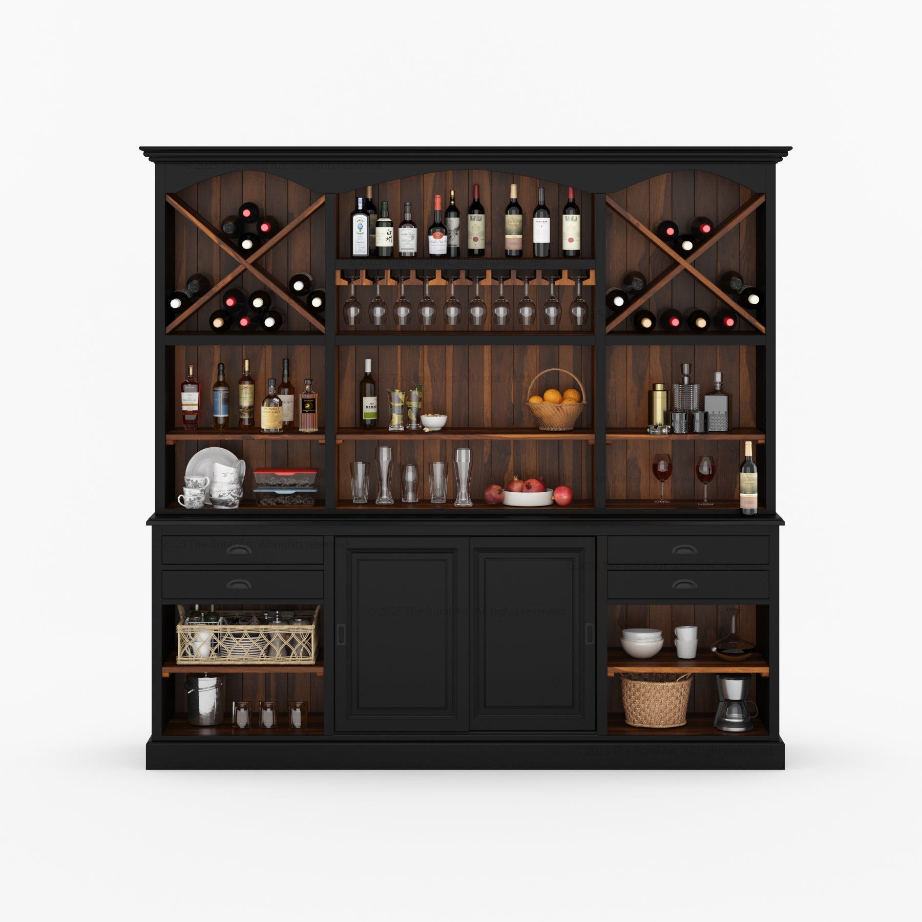 Lancaster Solid Wood Hutch Bar Cabinet with Wine Racks & Glass Storage