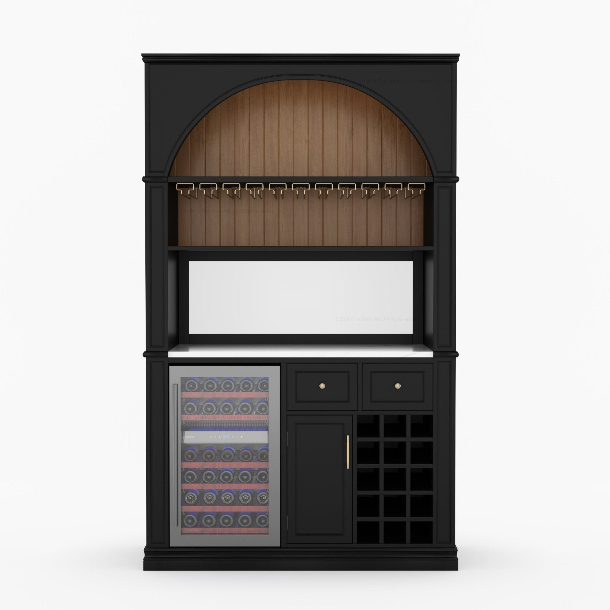 Douglas Arch Wine Bar Cabinet with Fridge Space & Marble Countertop