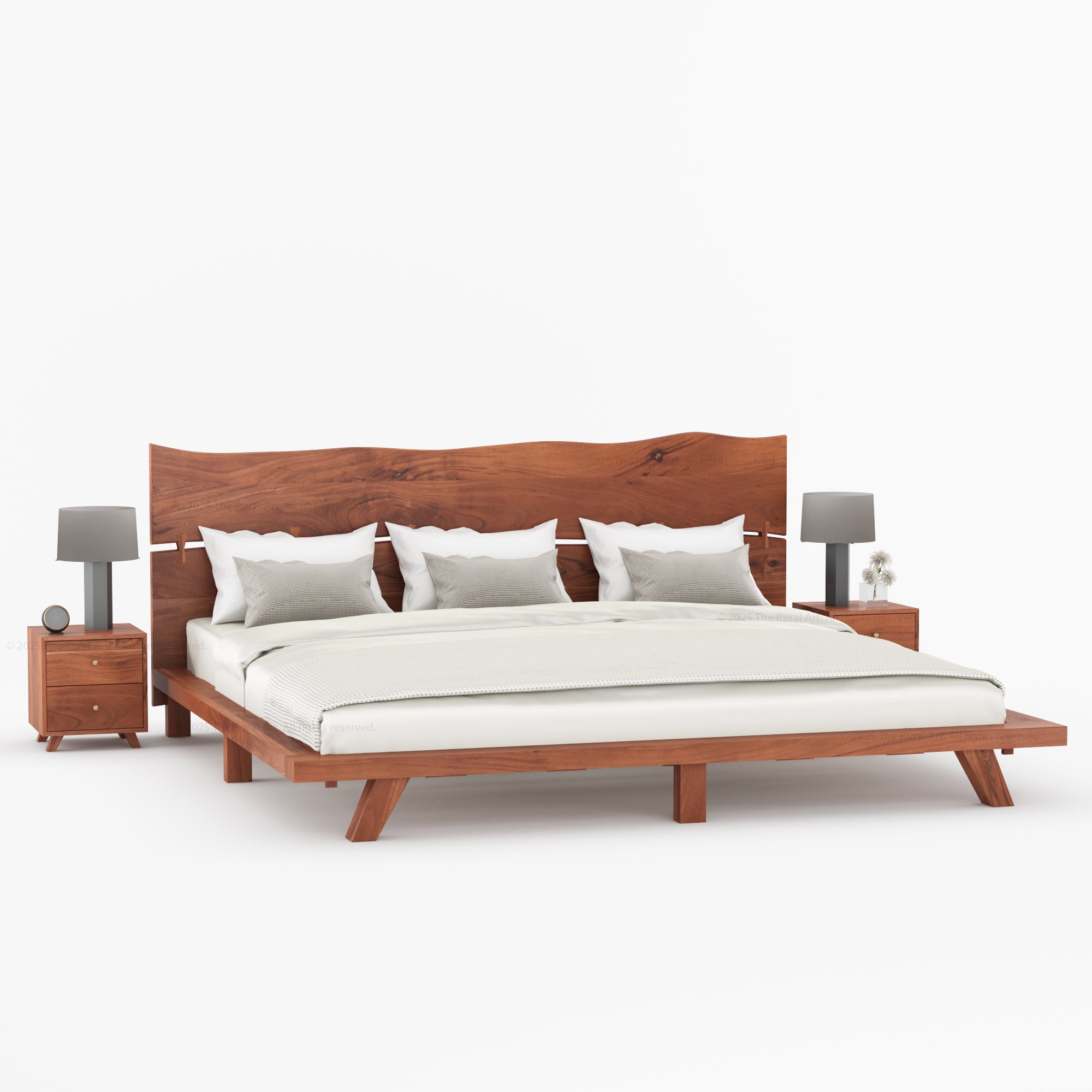 Live Edge Acacia Wood Platform Bed with Headboard & Slats