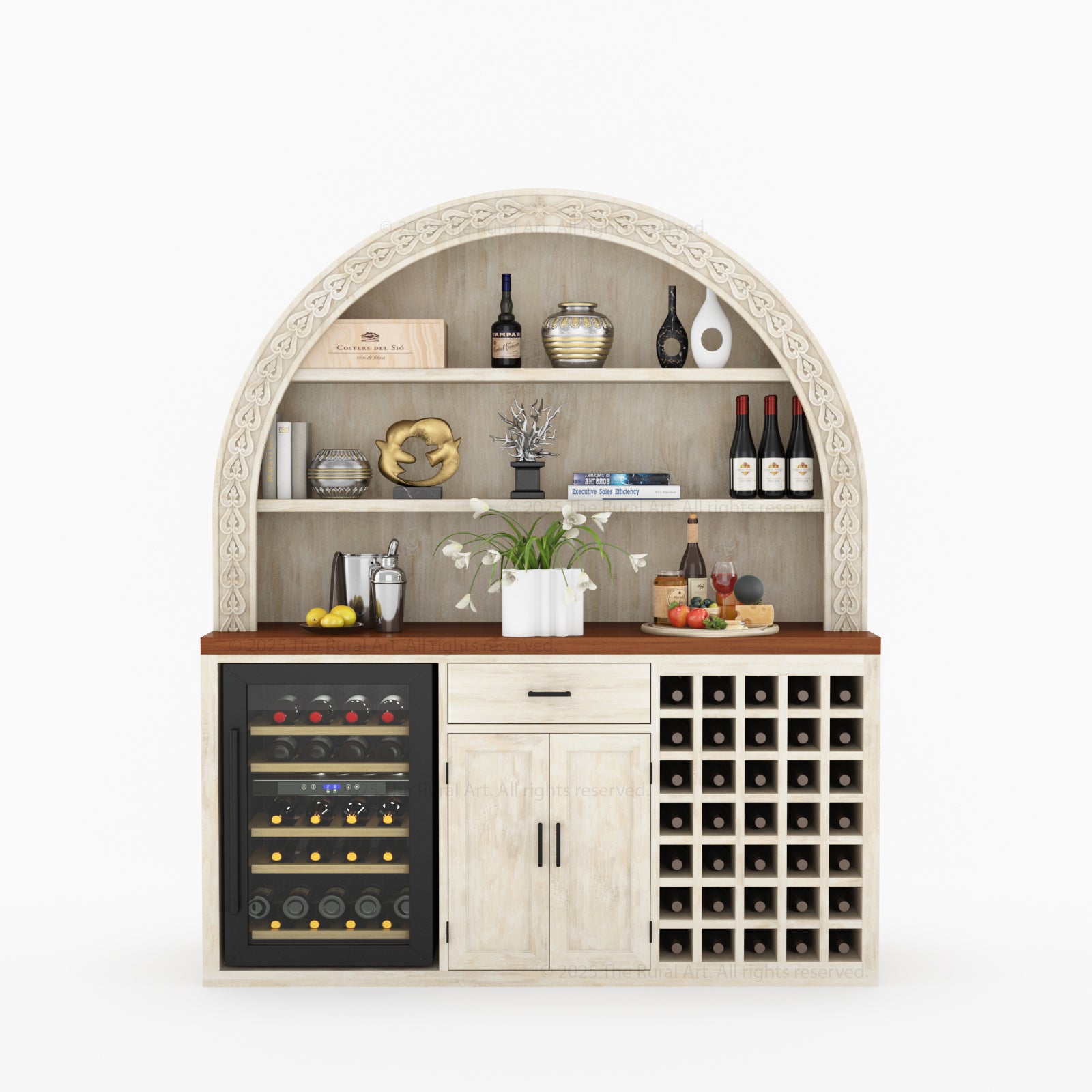 White Arched Bar Cabinet with open shelves wine rack and mini fridge space