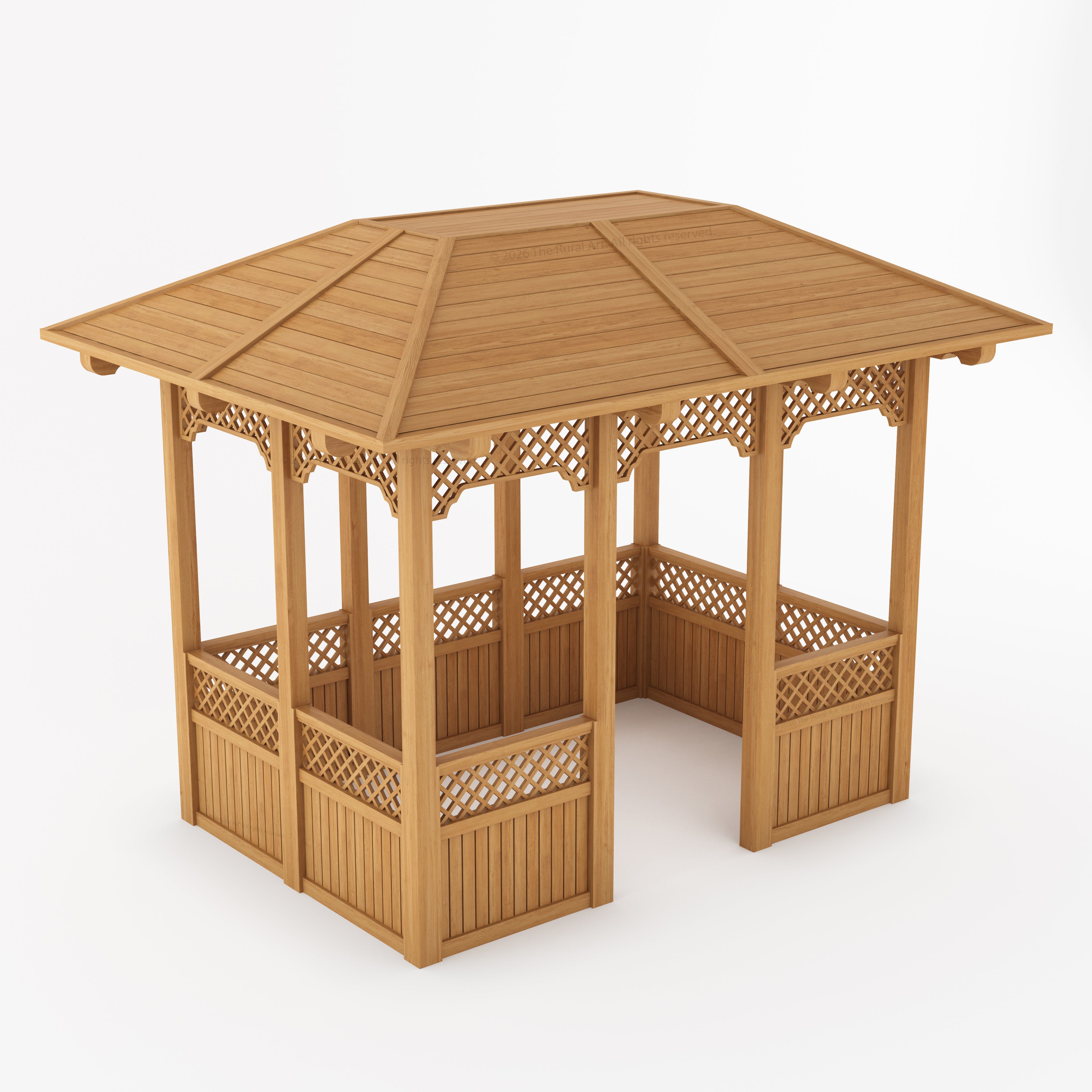 wooden gazebo with a multi-tiered roof, lattice-patterned side walls, and open side columns