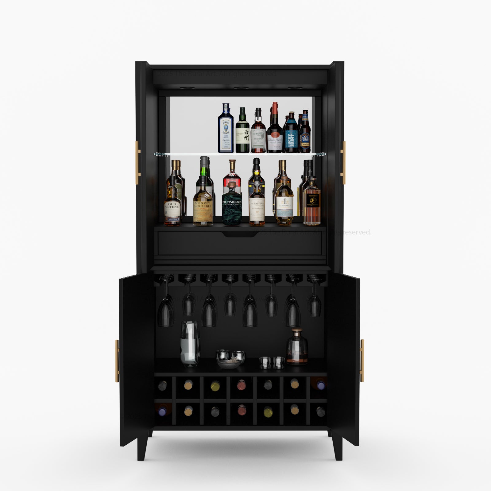 Monarch Solid Wood Wine Bar Cabinet & Counter Set with Glass-Back Display