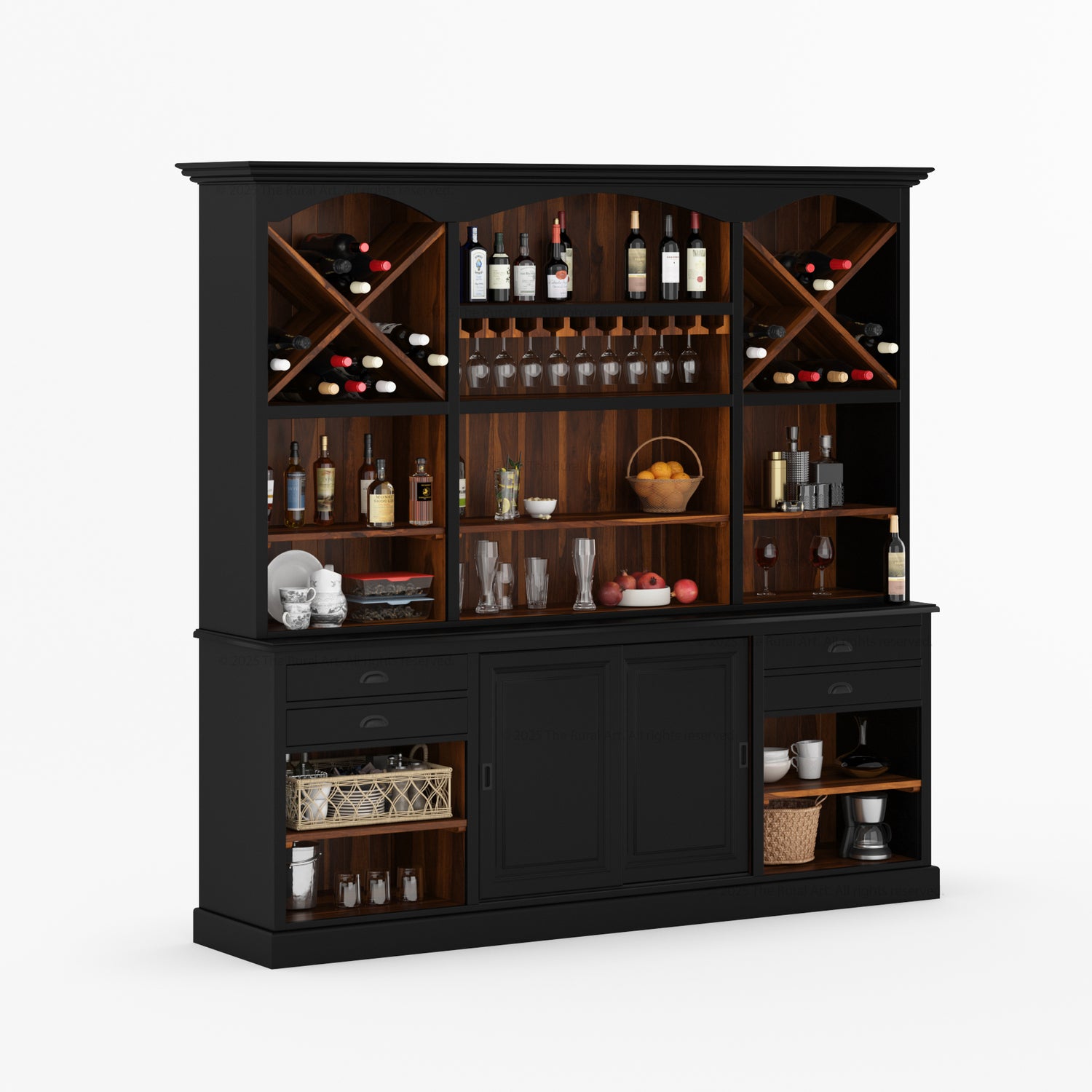 Lancaster Solid Wood Hutch Bar Cabinet with Wine Racks & Glass Storage