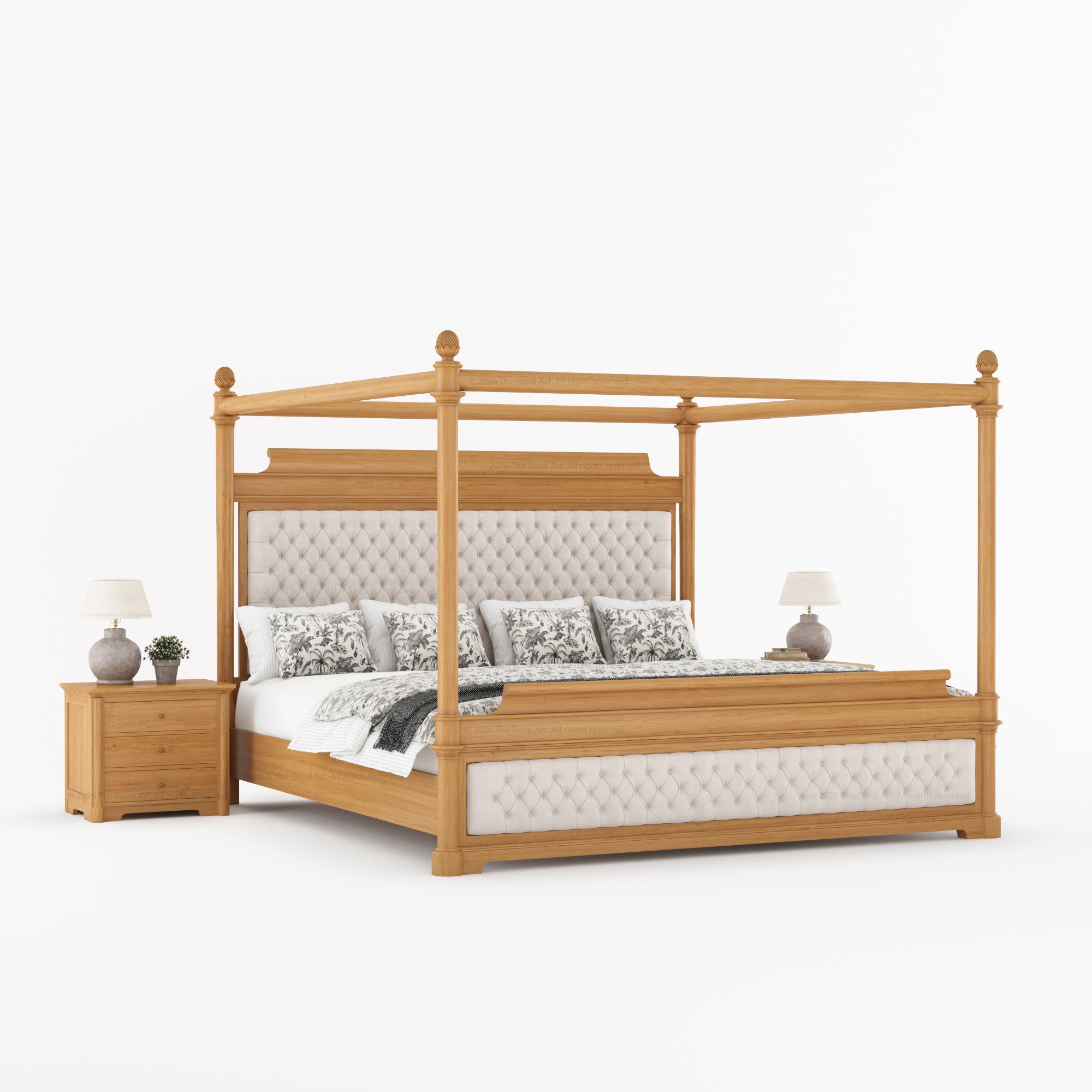 Abilene Four Poster Canopy Solid Wood Bed with Tufted Upholstered Headboard & Footboard