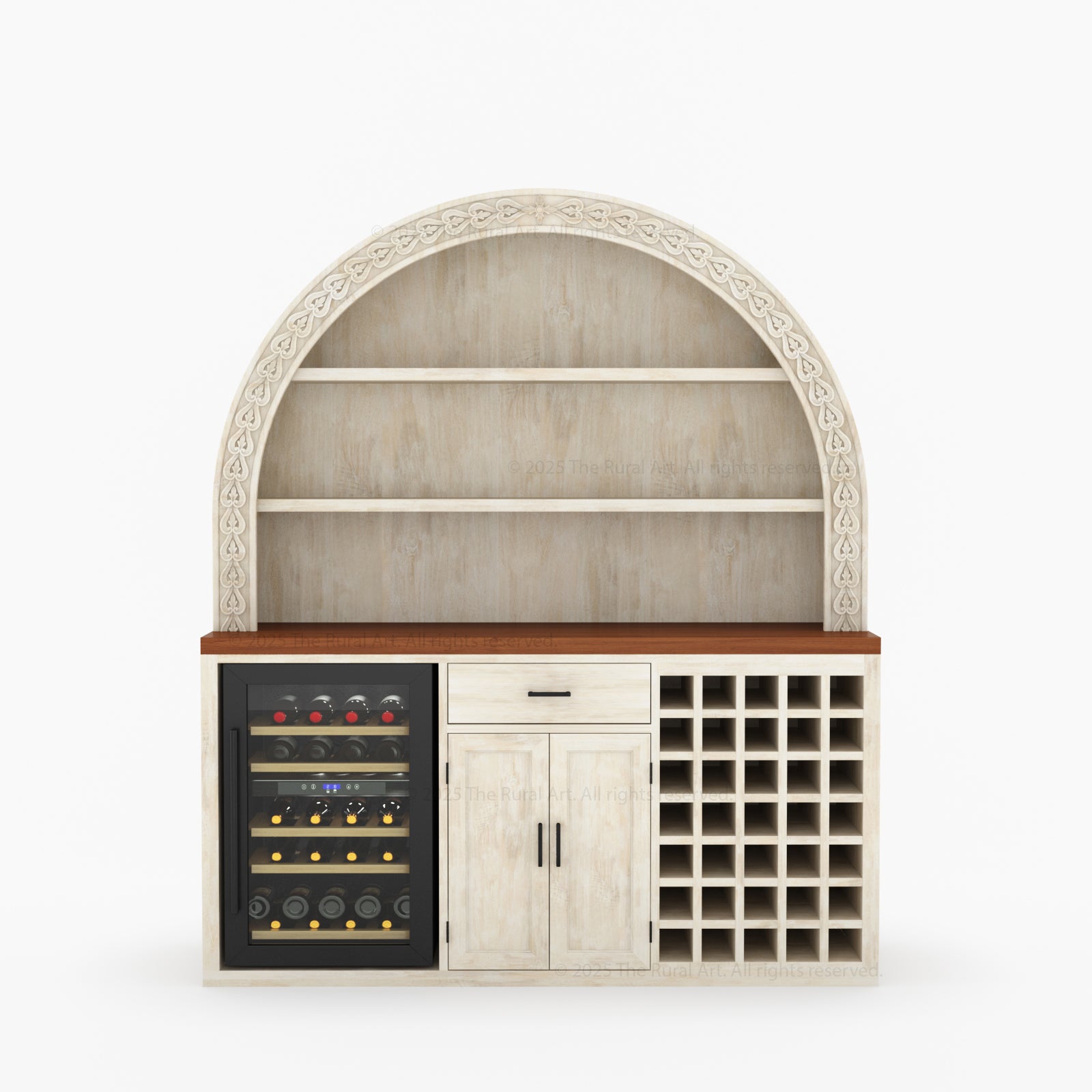 Napa Arched Solid Wood Large Bar Cabinet with Open Shelves and Fridge Space