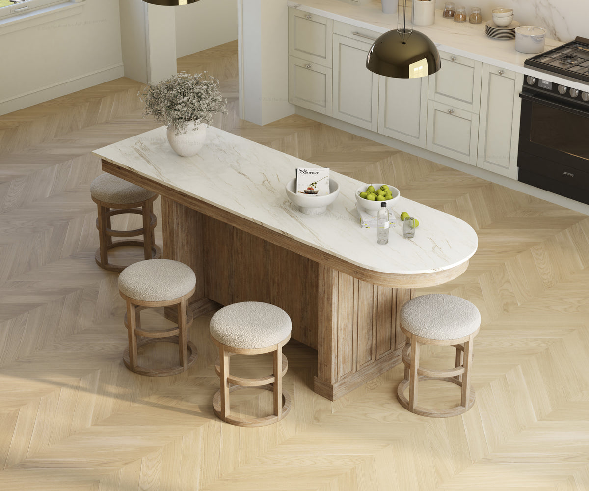 Portland Solid Wood Kitchen Island with Marble Countertop and Optional Stool Set
