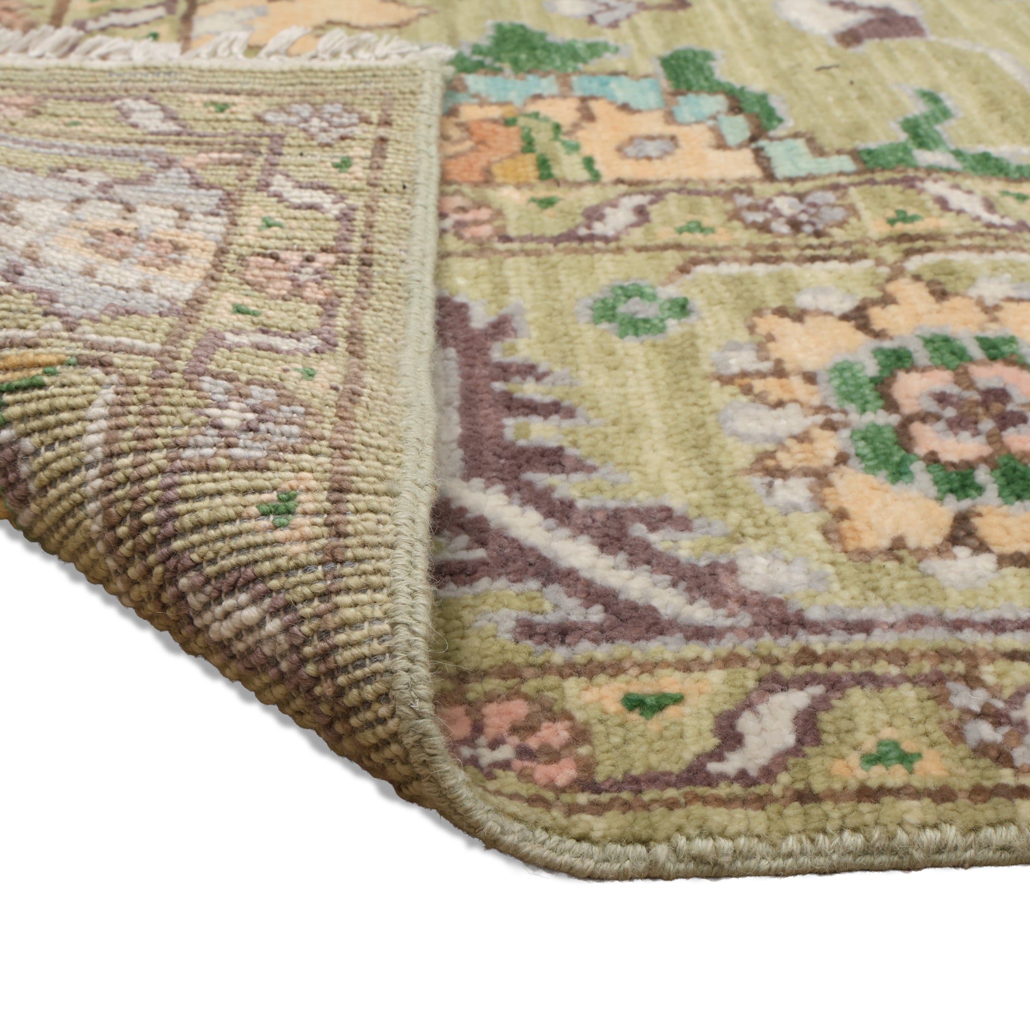 Dilkush Hand-Knotted Wool Oushak Rug in Sage Green & Soft Yellow
