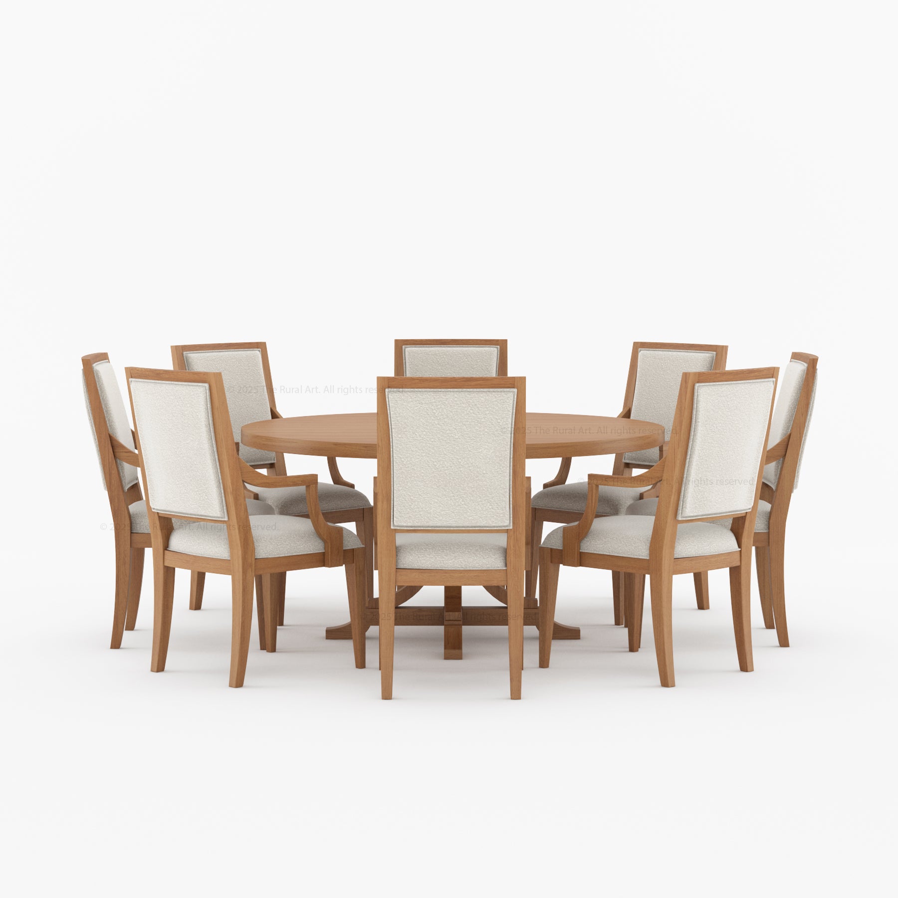 Miami Round Solid Wood Dining Table Set with Iron-Accented Pedestal & Upholstered Armchairs
