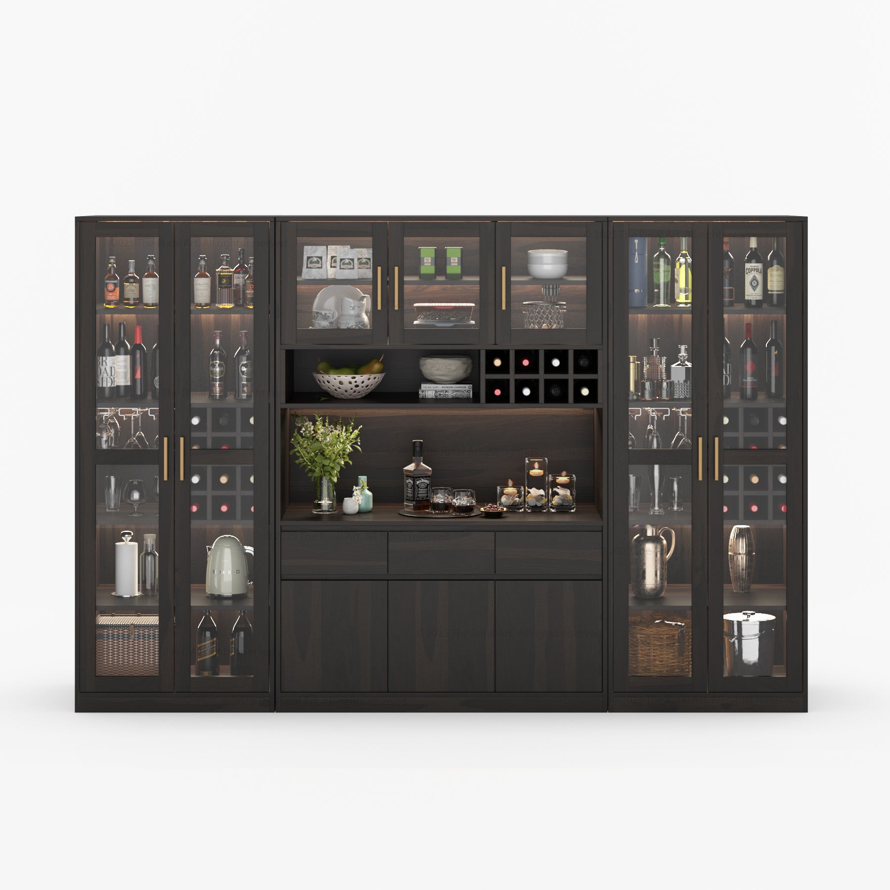 Fairfield Modern Solid Wood Wall Bar Cabinet with Glass Doors and LED Display
