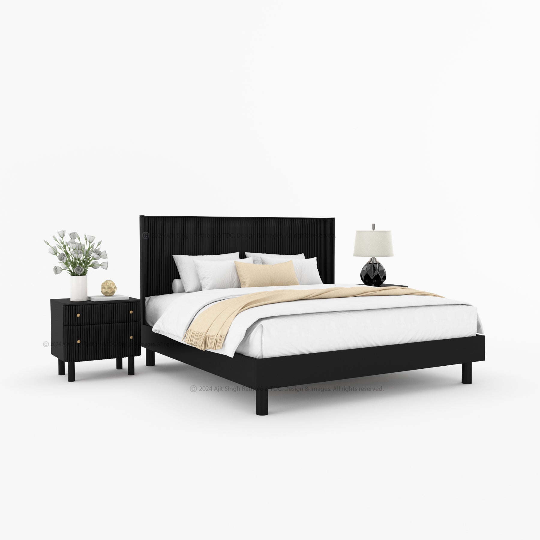 Richmond Platform Bed Frame with Fluted Headboard Made In Solid Indian Rosewood