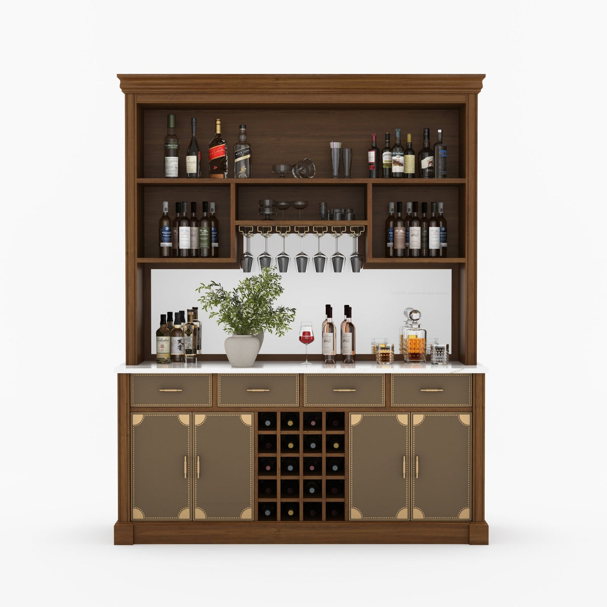 Lexington Solid Wood Wine Bar Cabinet with Hutch, Marble Countertop & Leather Detailing