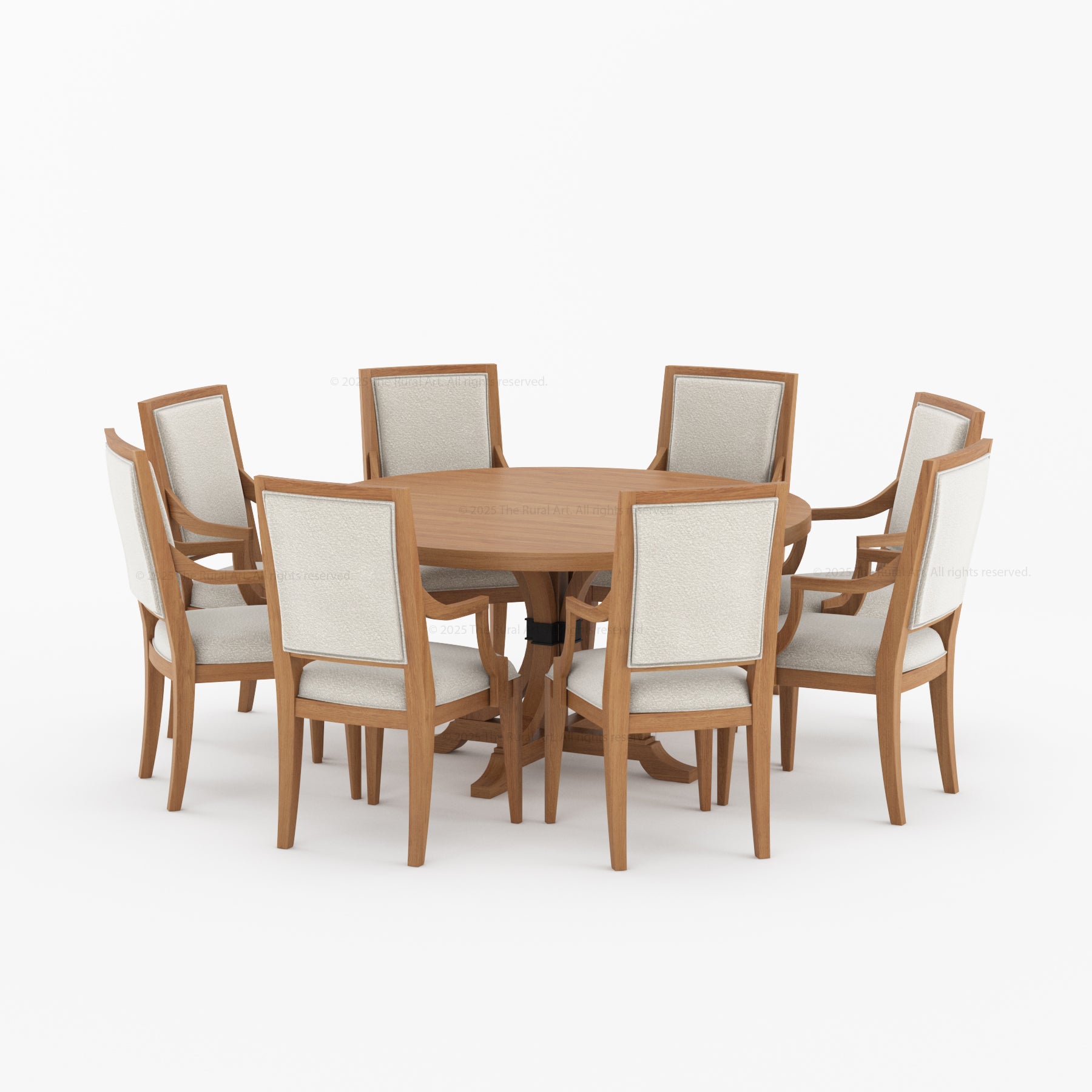 Miami Round Solid Wood Dining Table Set with Iron-Accented Pedestal & Upholstered Armchairs