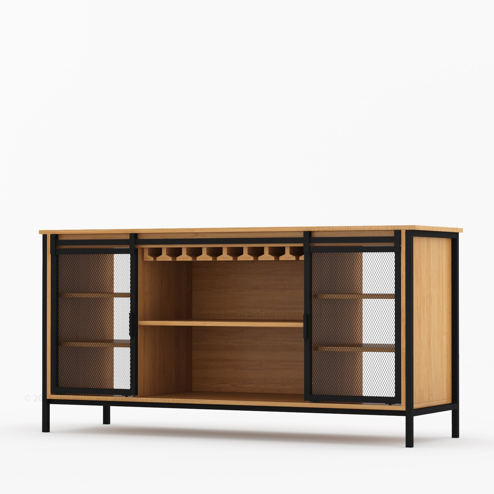 Dallas Industrial Bar Cabinet Solid Wood Iron Sliding Mesh Doors