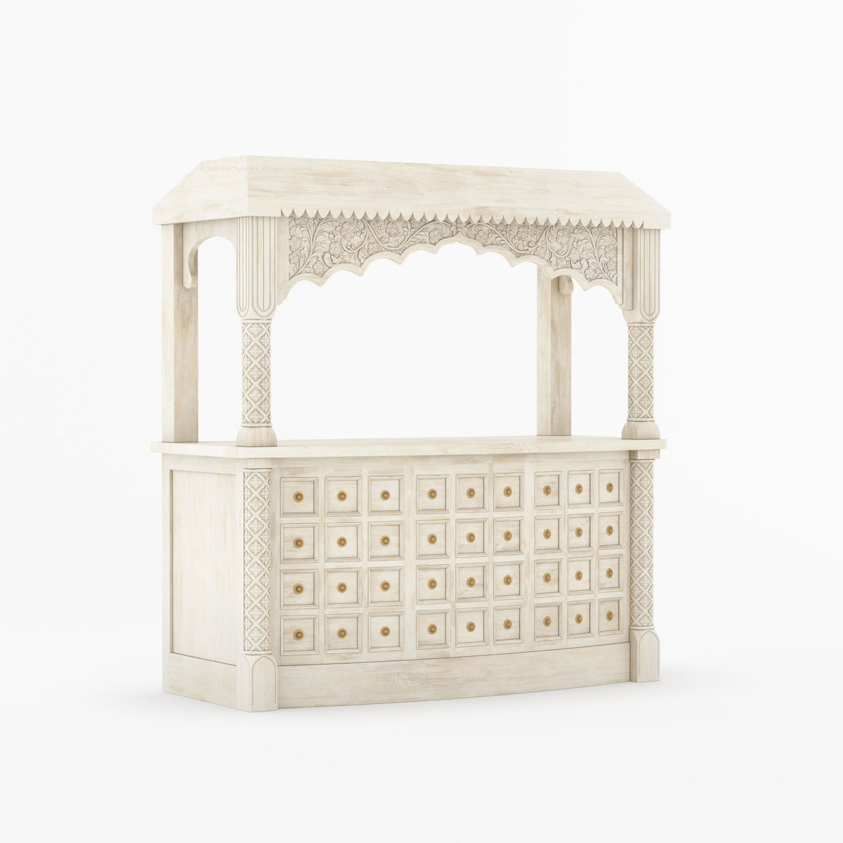 Monterey Hand-Carved Canopy Wine Bar Counter with Wine Fridge Space & Bottle Storage