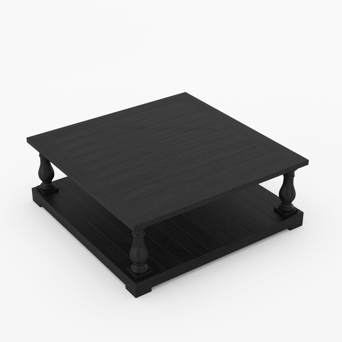 A black wooden two-tier coffee table with turned legs, shown from an elevated perspective on a clean white background.
