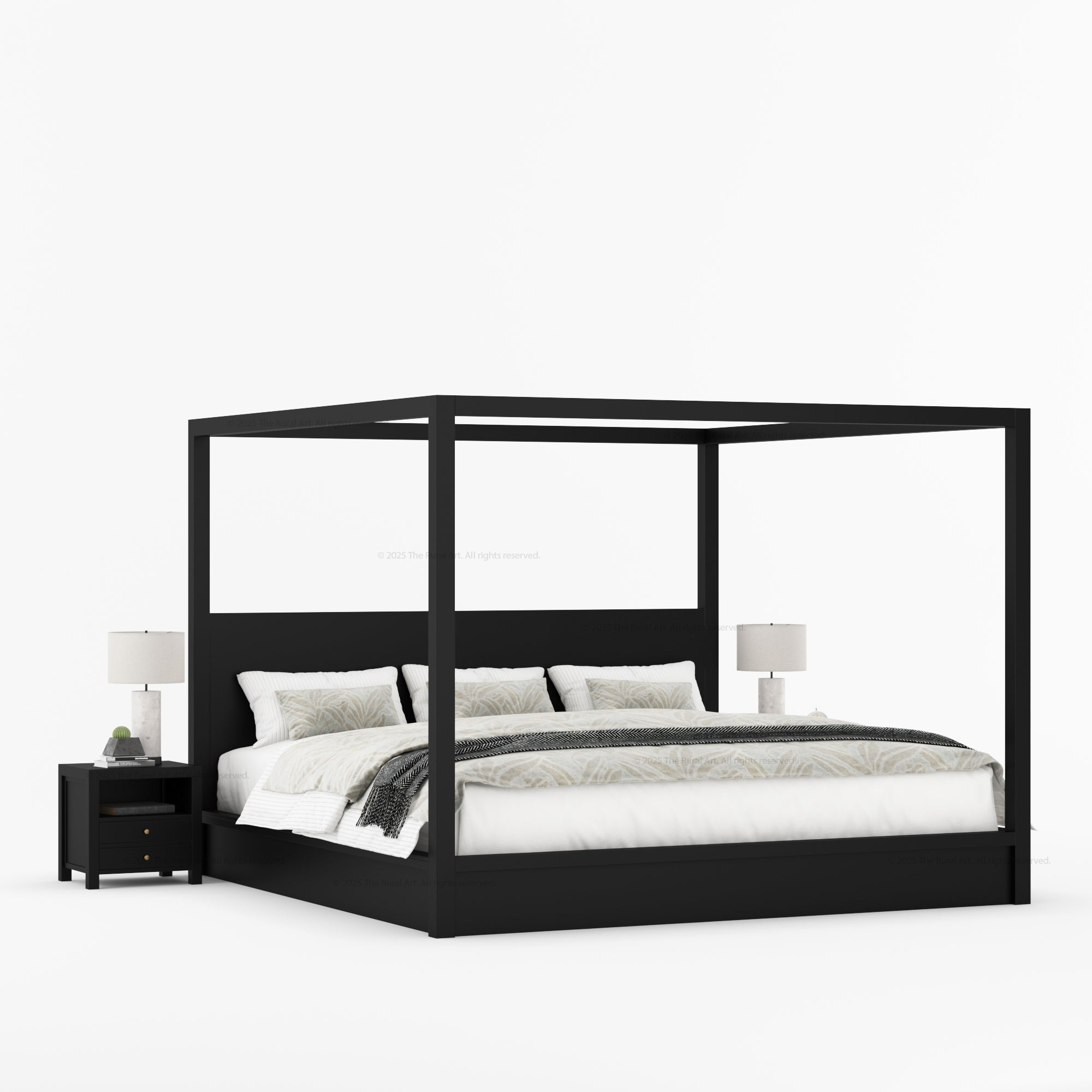 Orlando Solid Wood Canopy Platform Bedroom Set With Dresser, Nightstand, Bedside Bench & Mirror