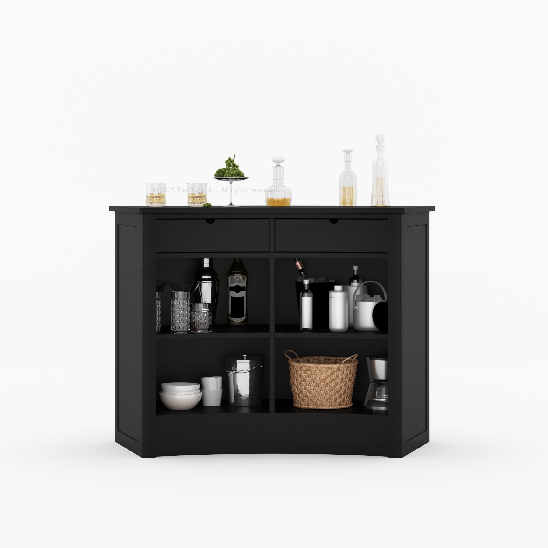 Monarch Modern Black Curved Bar Cabinet with Drawers & Shelves Made Of Solid Wood
