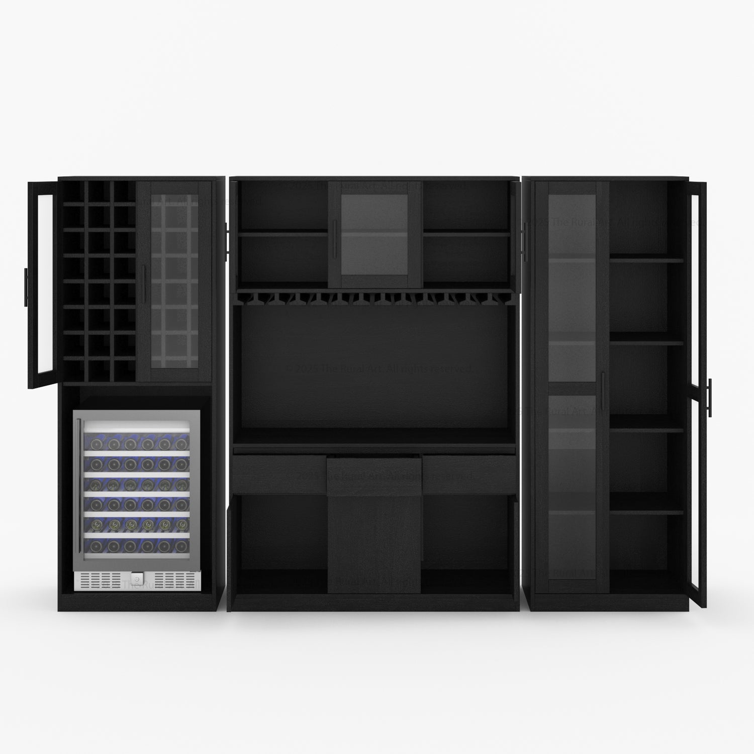 Black Wine Bar Cabinet with Fridge Space Front View Open Door