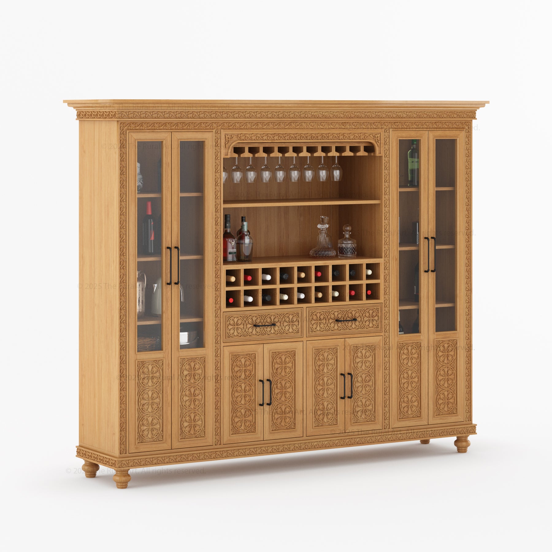 Marin Solid Wood Wine Bar Cabinet Hutch Hand Carved