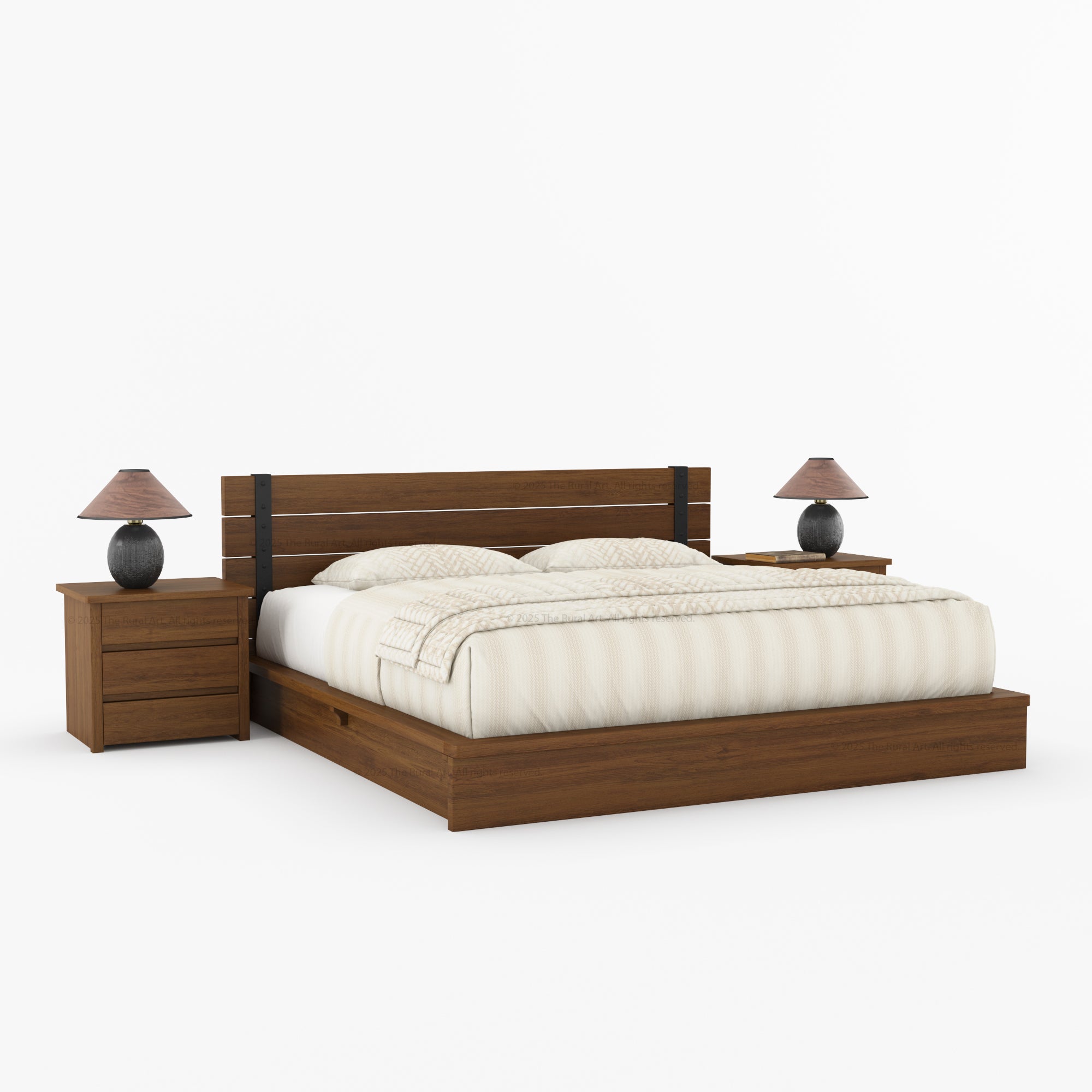 Dallas Solid Wood Platform Bed with Slatted Headboard & Iron Accents