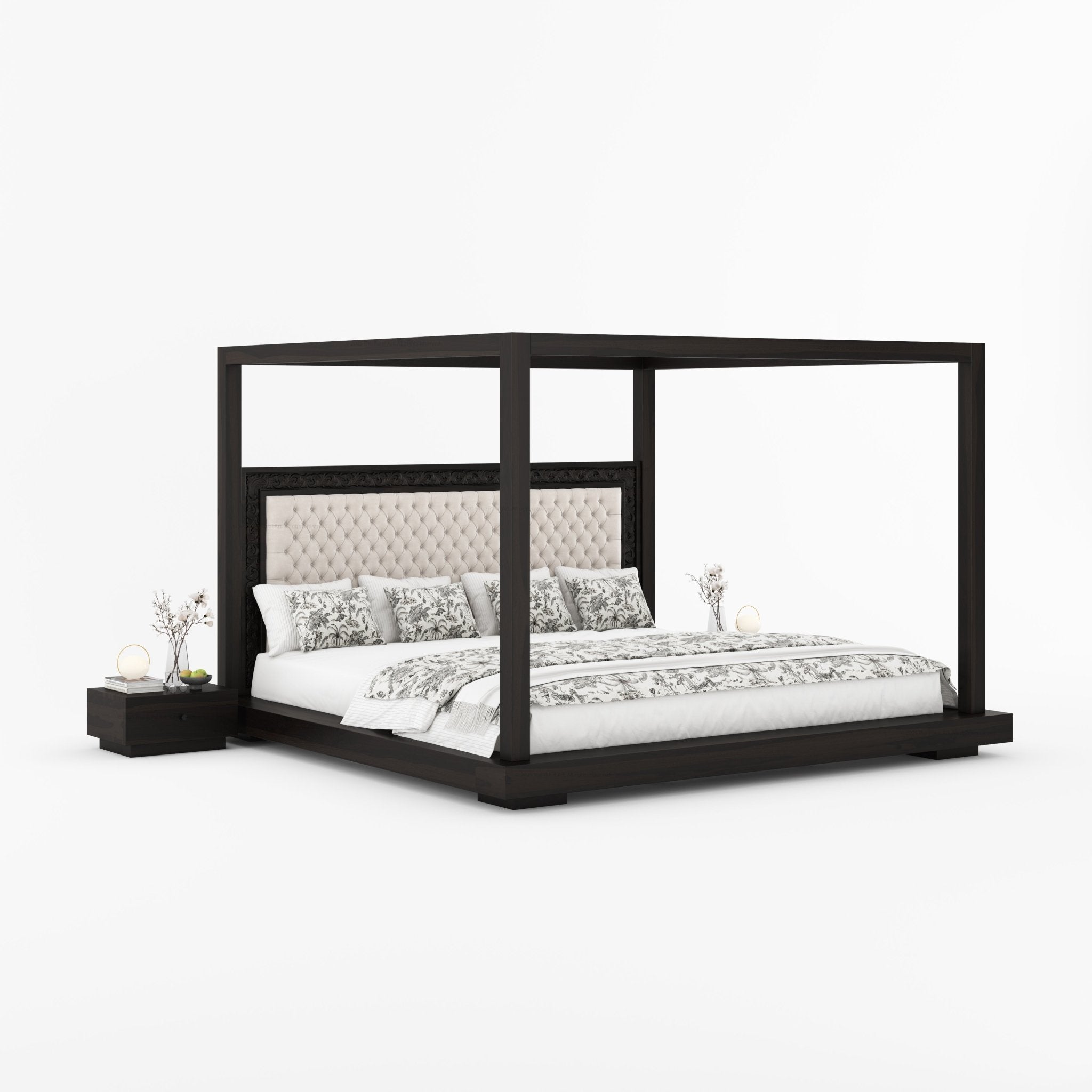 Sheffield Solid Wood Canopy Bed with Upholstered Tufted Headboard & Hand-Carved Frame