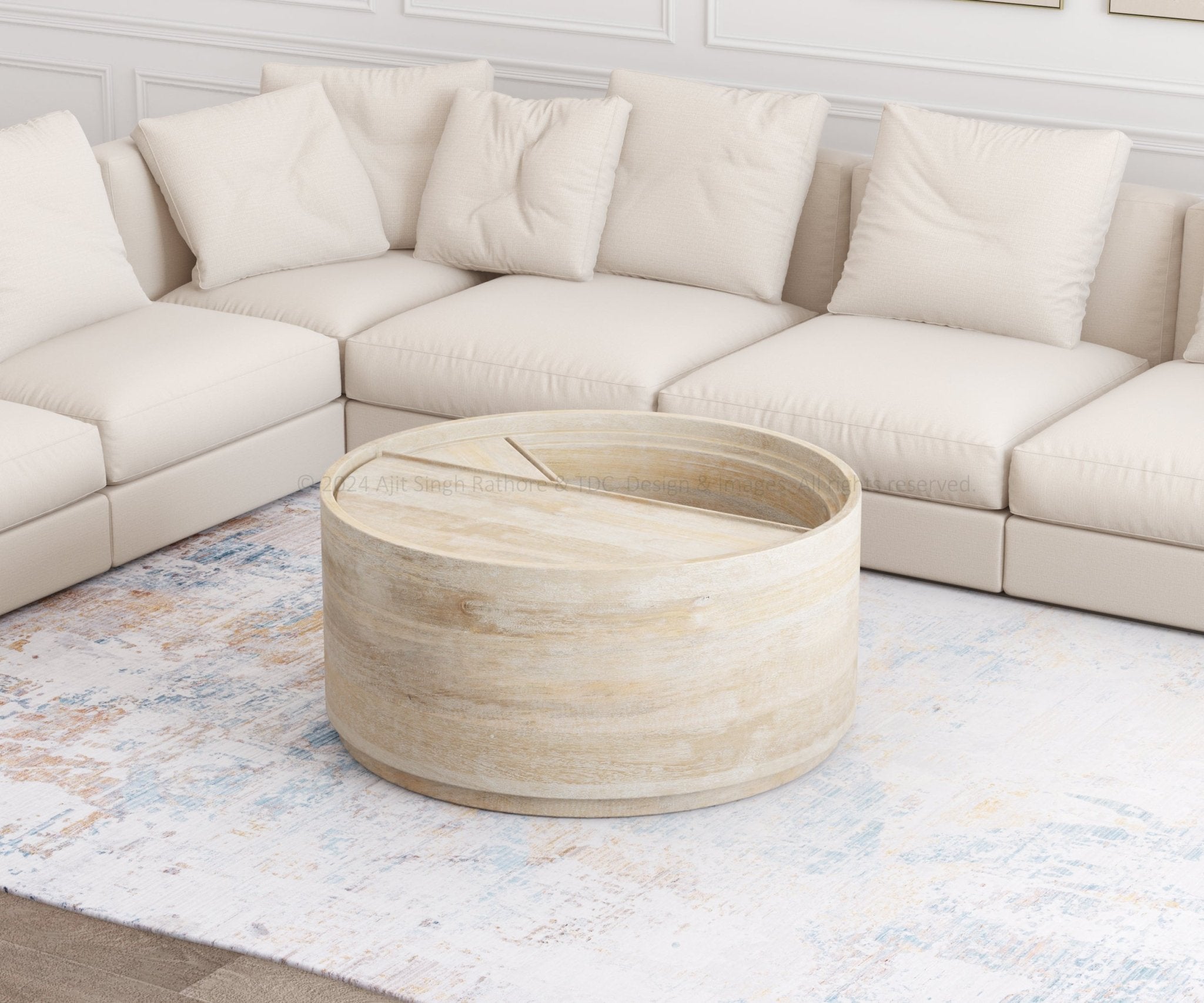 Long Beach Round Barrel Coffee Table with Storage