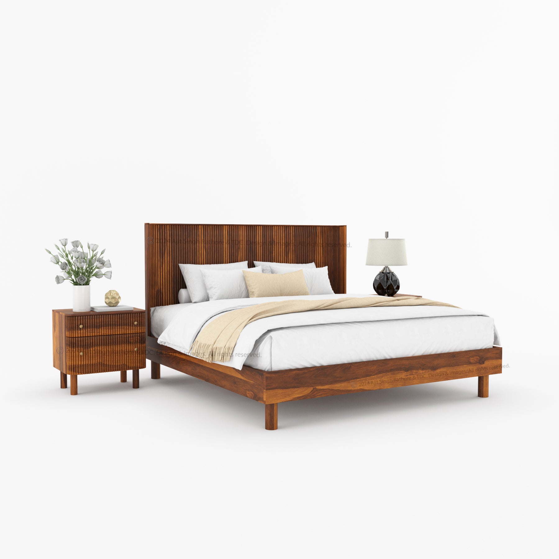 Richmond Platform Bed Frame with Fluted Headboard Made In Solid Indian Rosewood