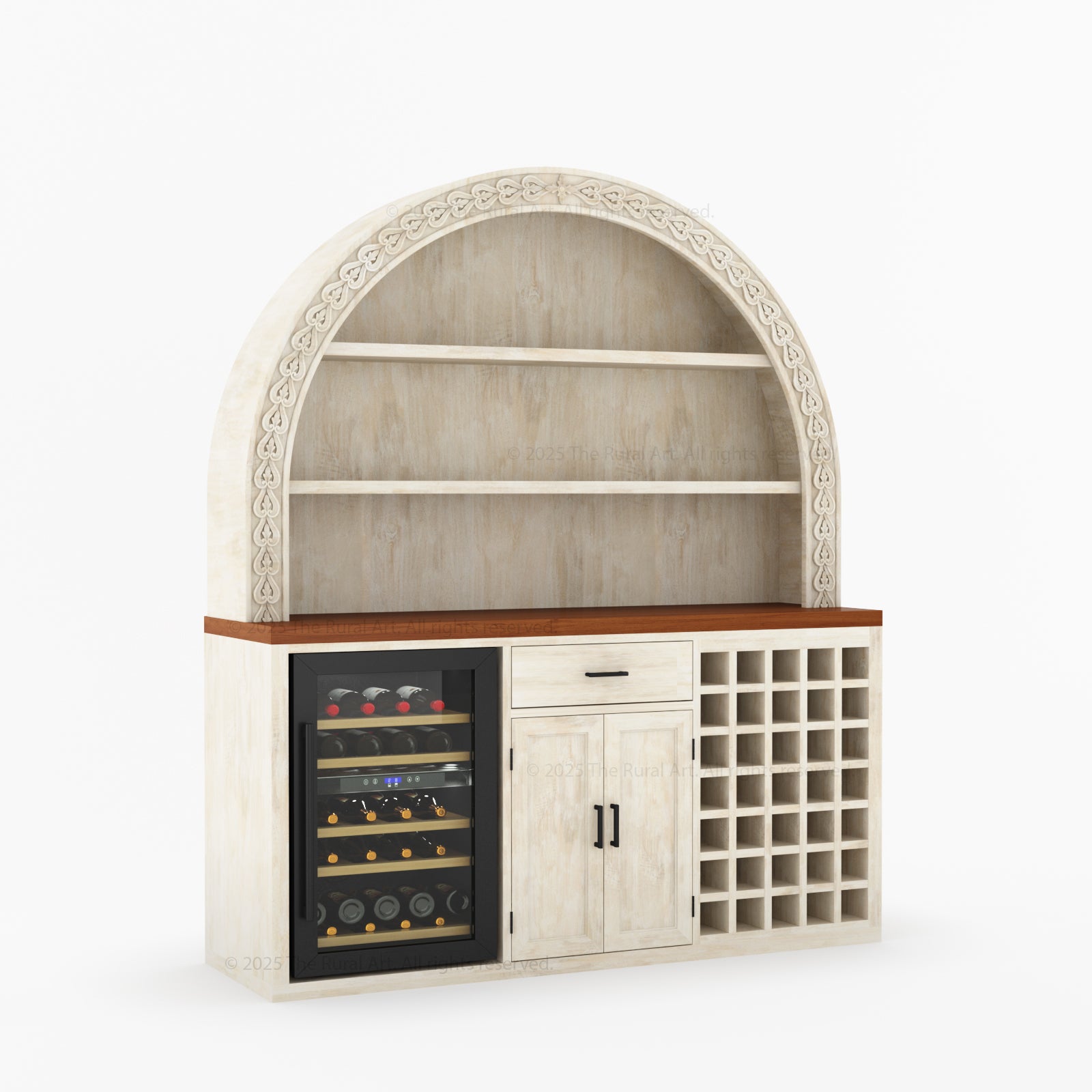 Napa Arched Solid Wood Large Bar Cabinet with Open Shelves and Fridge Space