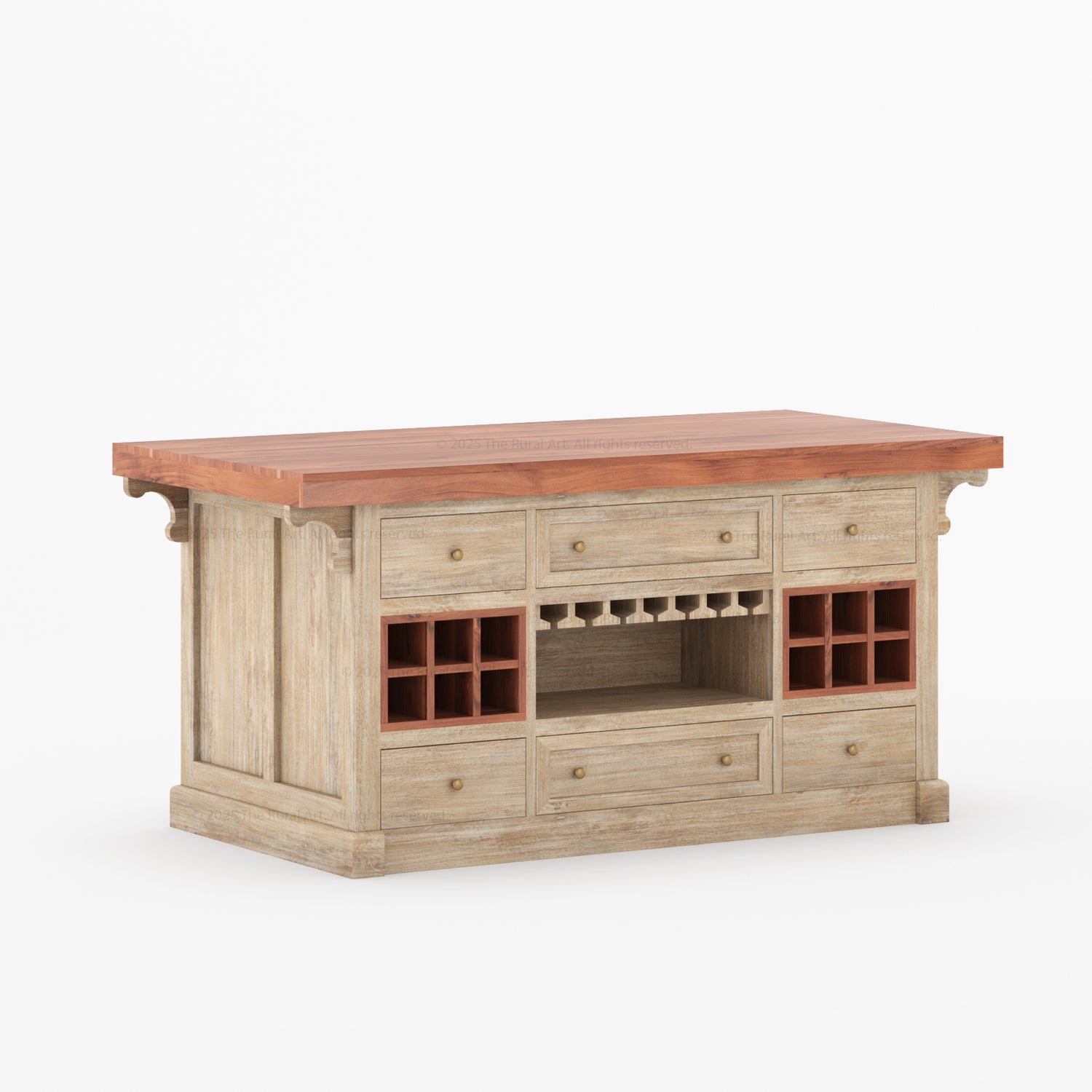 Sunbury Solid Wood Kitchen Island with Wine Rack & Dual-Sided Storage