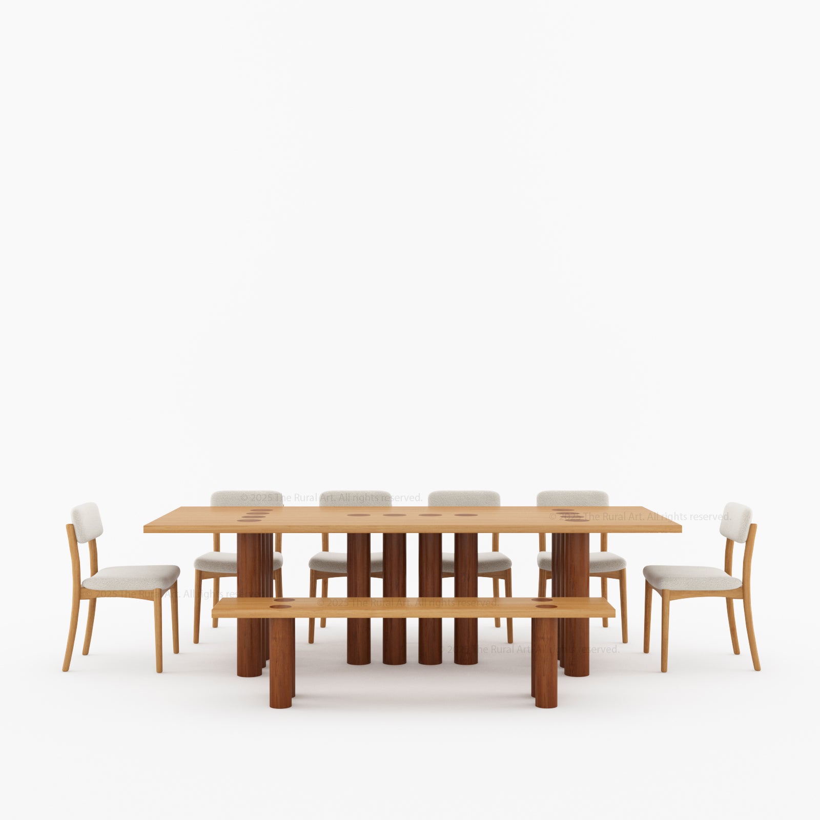 New York Modern Large Dining Table Set Made In Solid Wood Sculptural Round Legs & Inlay Accents
