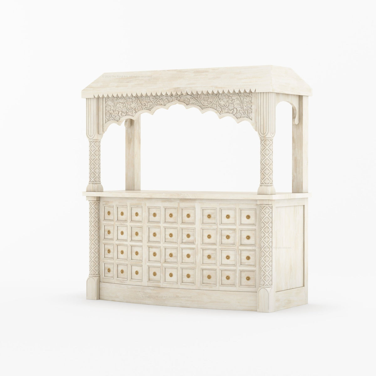 Monterey Hand-Carved Canopy Wine Bar Counter with Wine Fridge Space & Bottle Storage