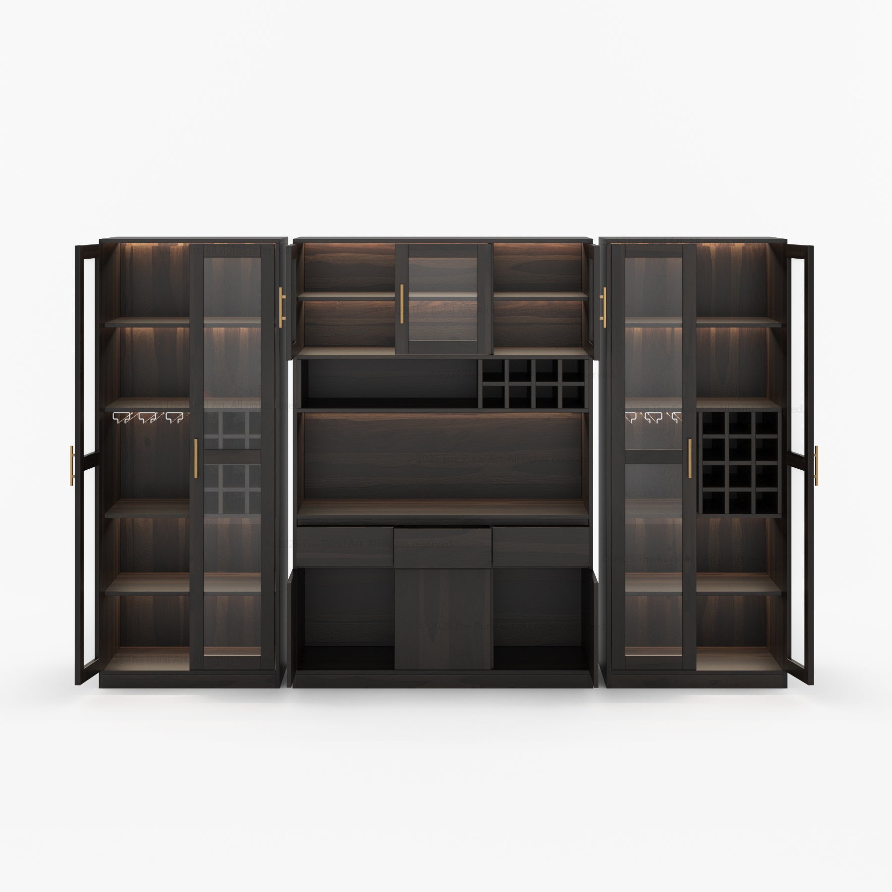 Fairfield Modern Solid Wood Wall Bar Cabinet with Glass Doors and LED Display