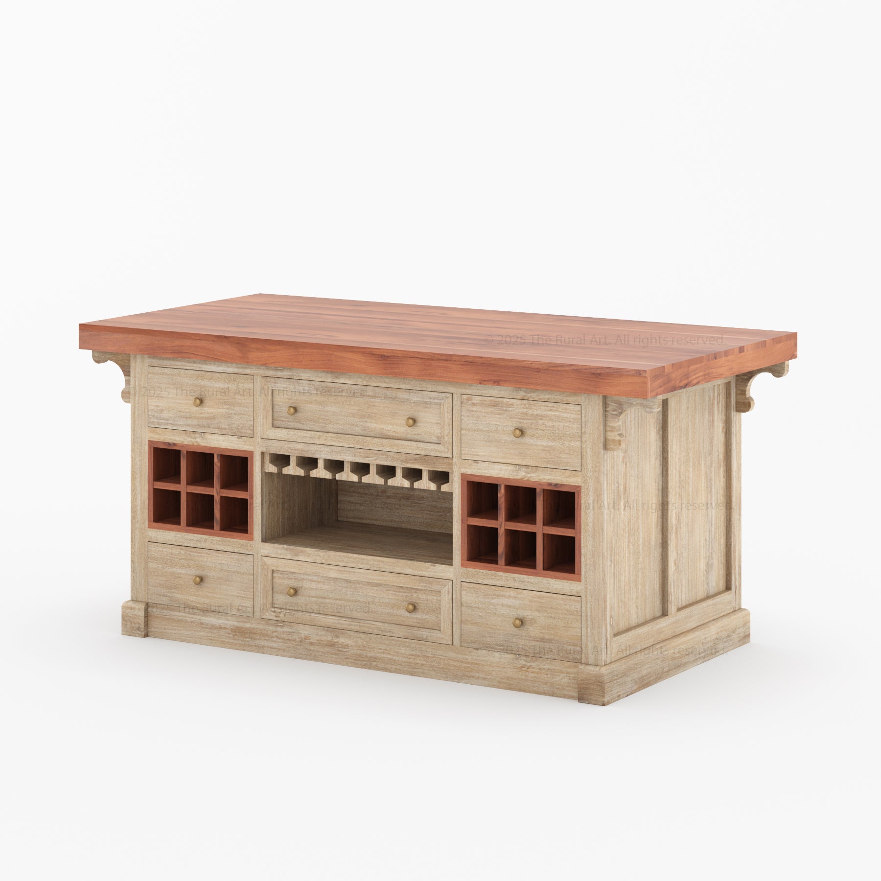 Sunbury Solid Wood Kitchen Island with Wine Rack & Dual-Sided Storage