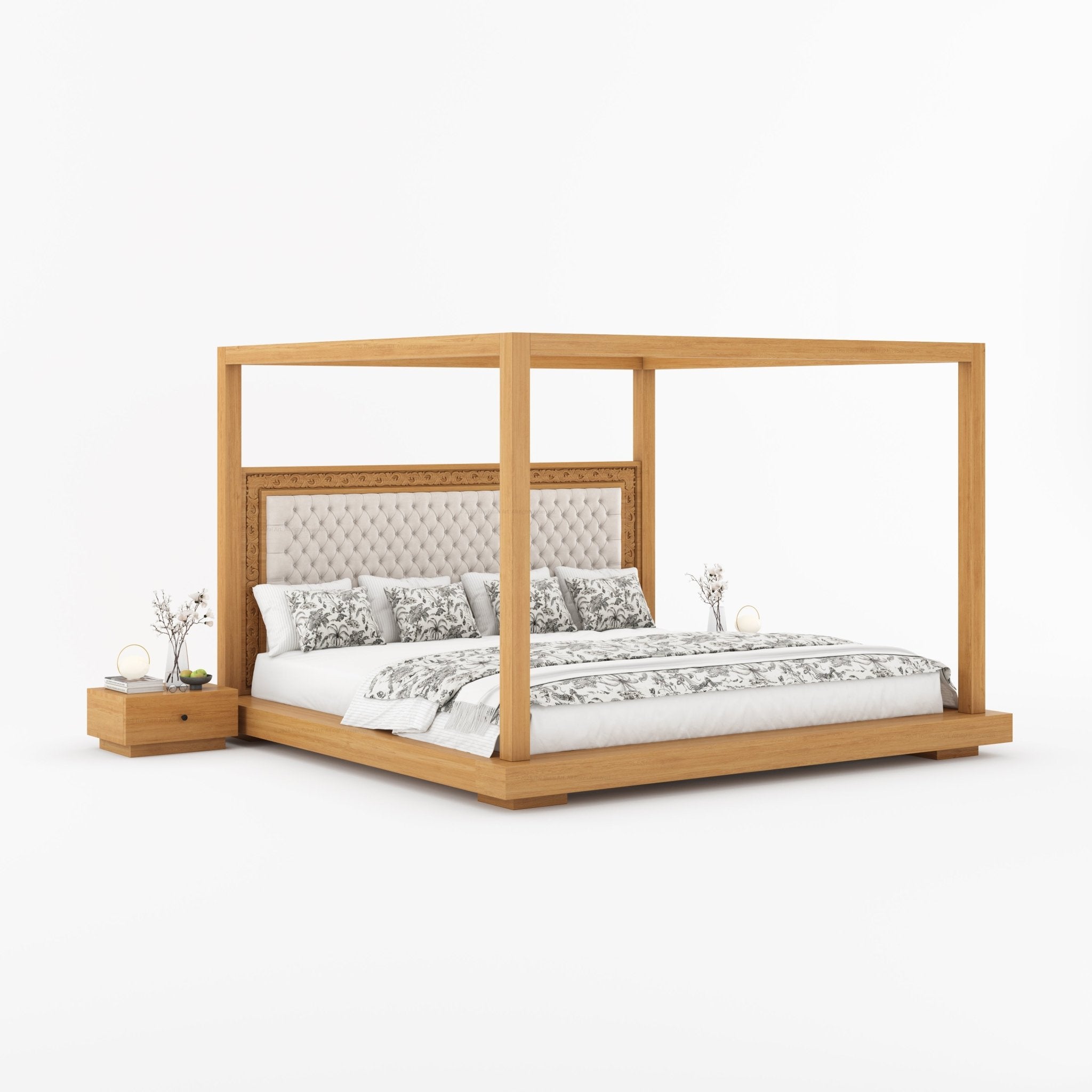 Sheffield Solid Wood Canopy Bed with Upholstered Tufted Headboard & Hand-Carved Frame