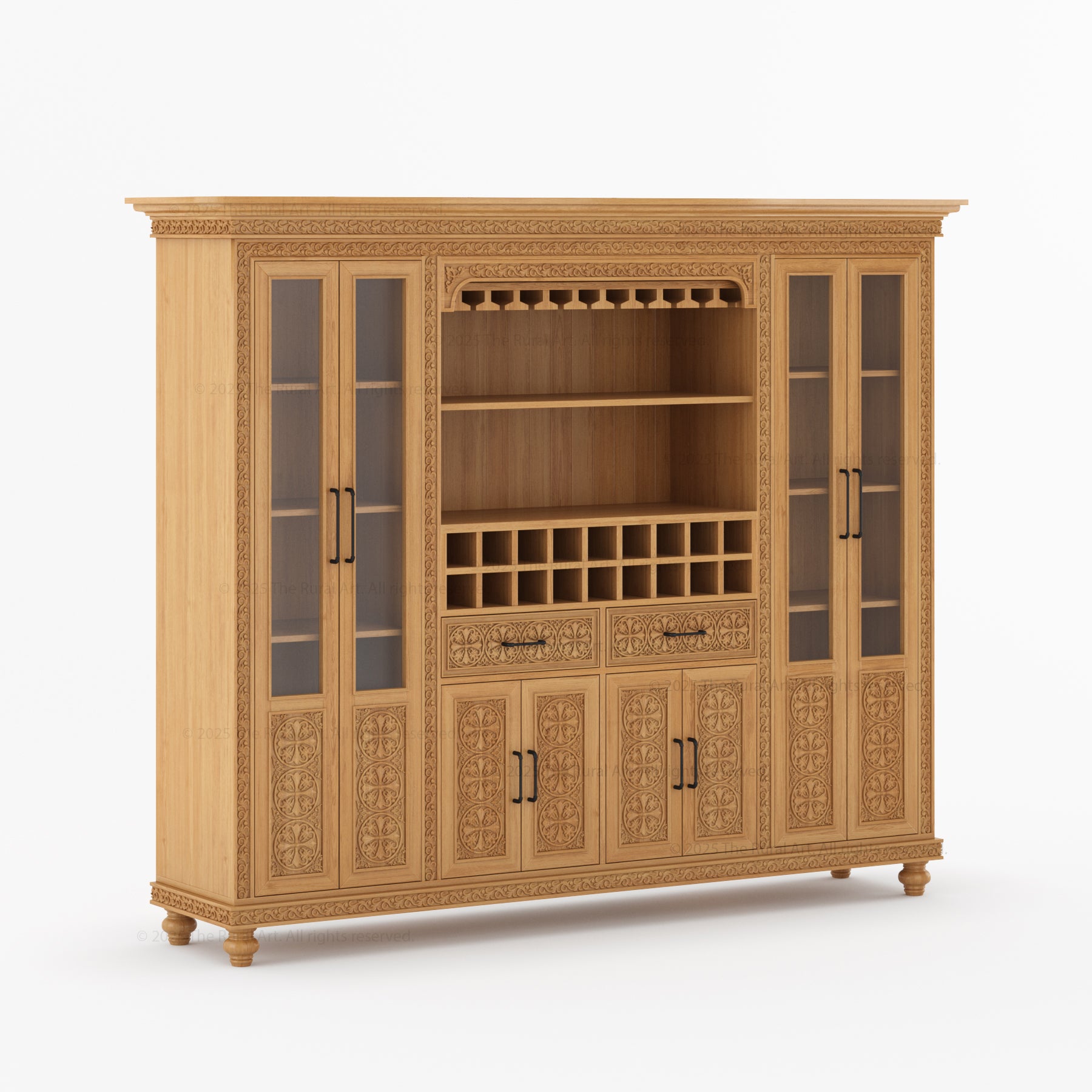 Marin Solid Wood Wine Bar Cabinet Hutch Hand Carved
