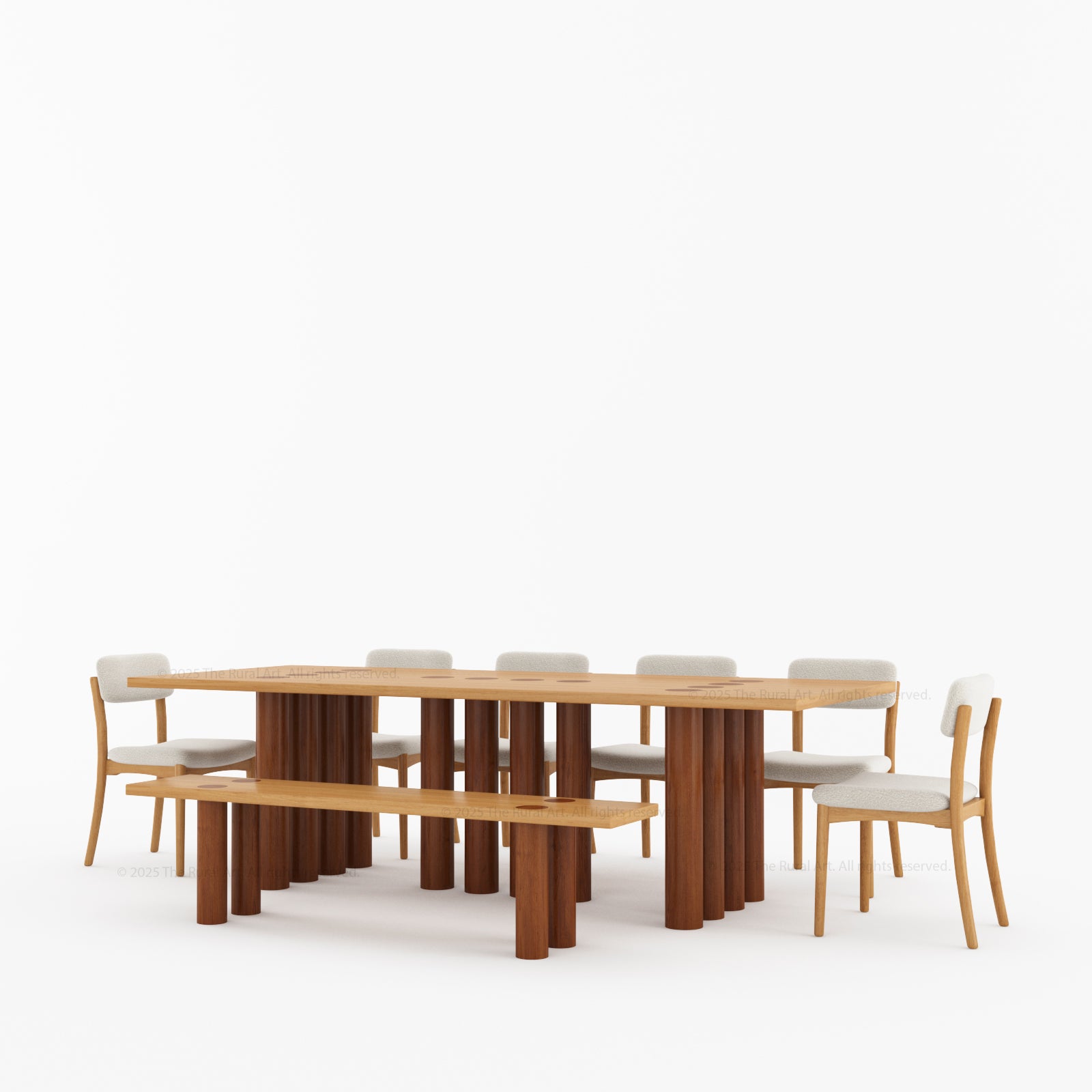New York Modern Large Dining Table Set Made In Solid Wood Sculptural Round Legs & Inlay Accents