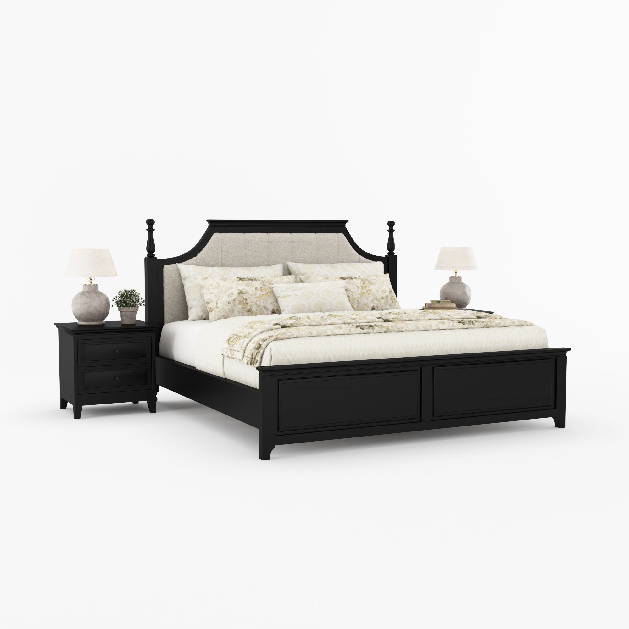 Anniston Solid Wood Bed and Nightstand Set with Upholstered Headboard