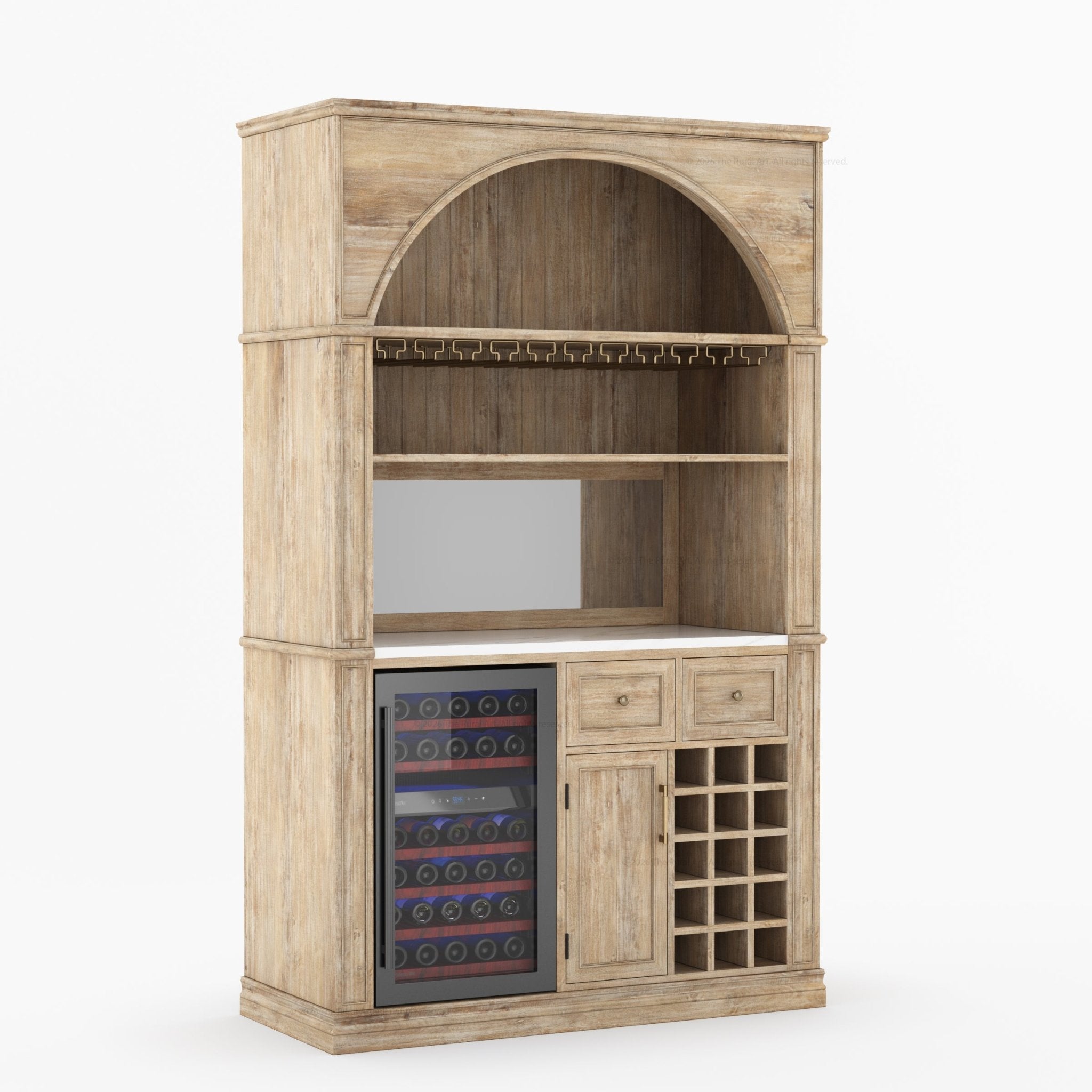 Douglas Arch Wine Bar Cabinet with Fridge Space & Marble Countertop
