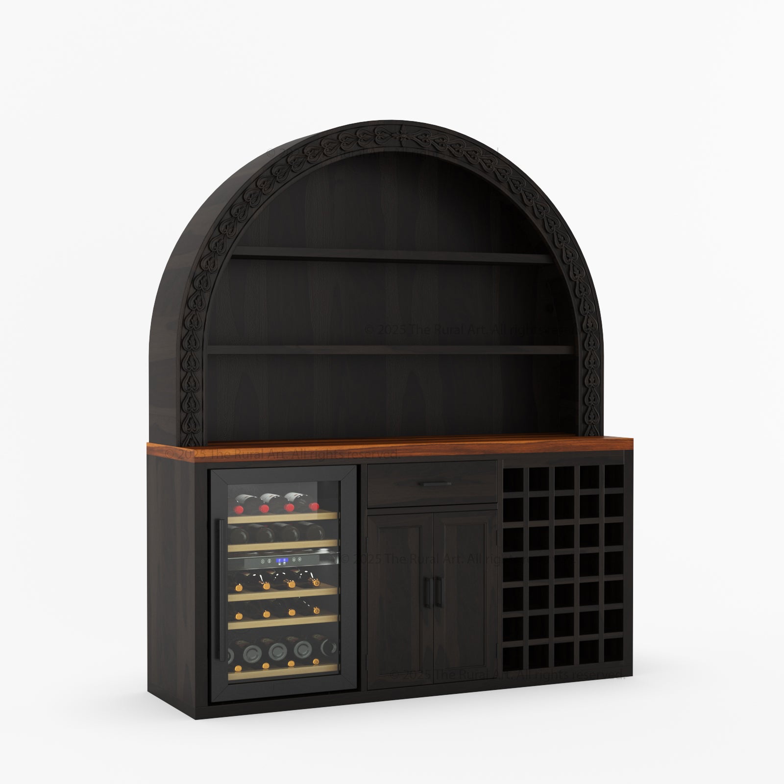 Espresso Arched Top Bar Cabinet with open shelves wine rack and mini fridge space